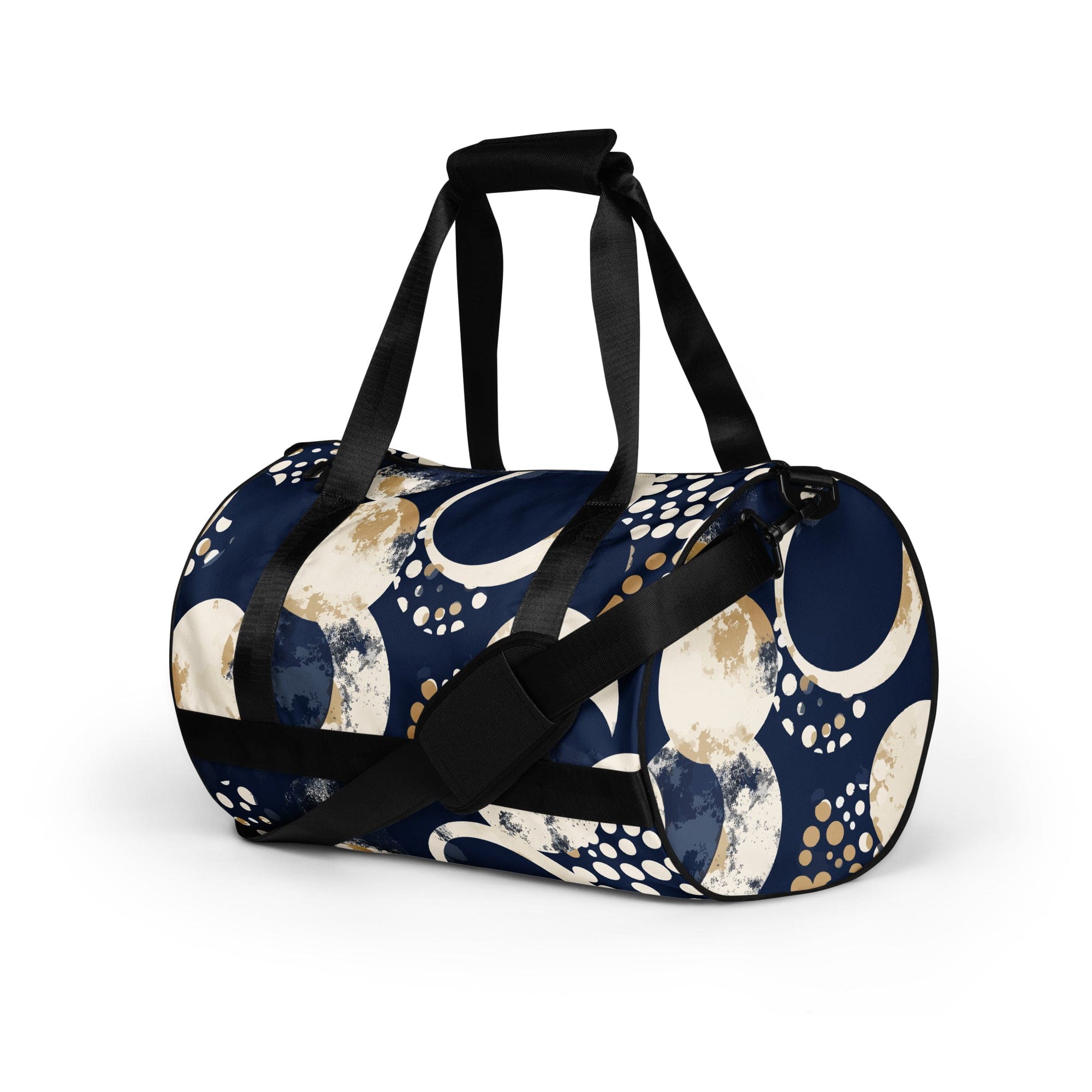 Crossbody water-resistant travel bag in blue beige spotted print, featuring dual padded handles and multiple pockets for organization.