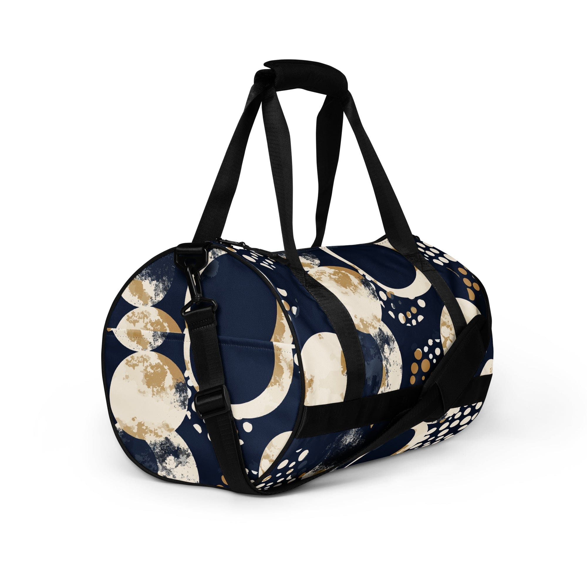 Crossbody water-resistant travel bag in blue beige spotted print, featuring dual padded handles and multiple pockets for organization.