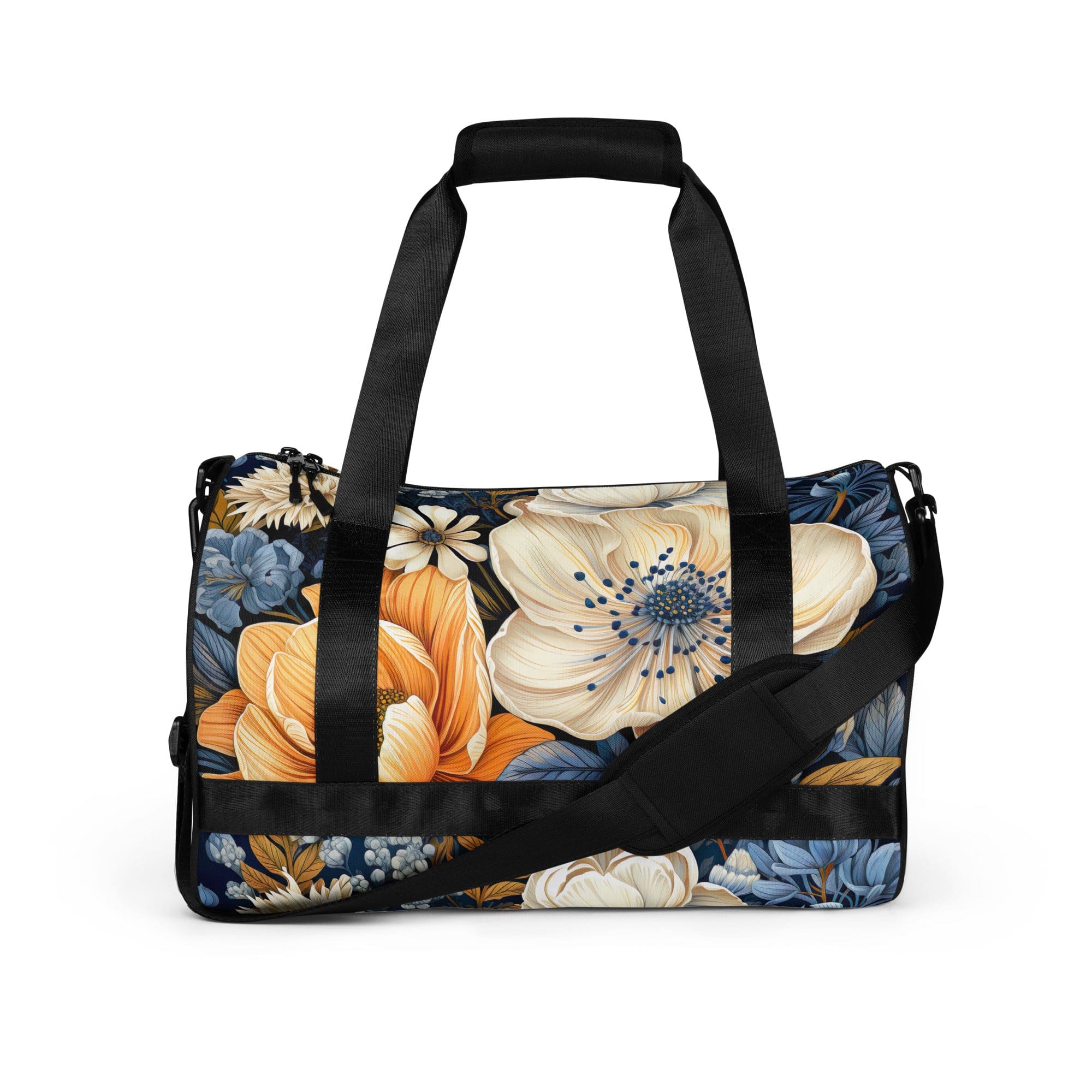 Crossbody water-resistant travel bag featuring a vibrant blue floral design, made from durable polyester with multiple pockets.