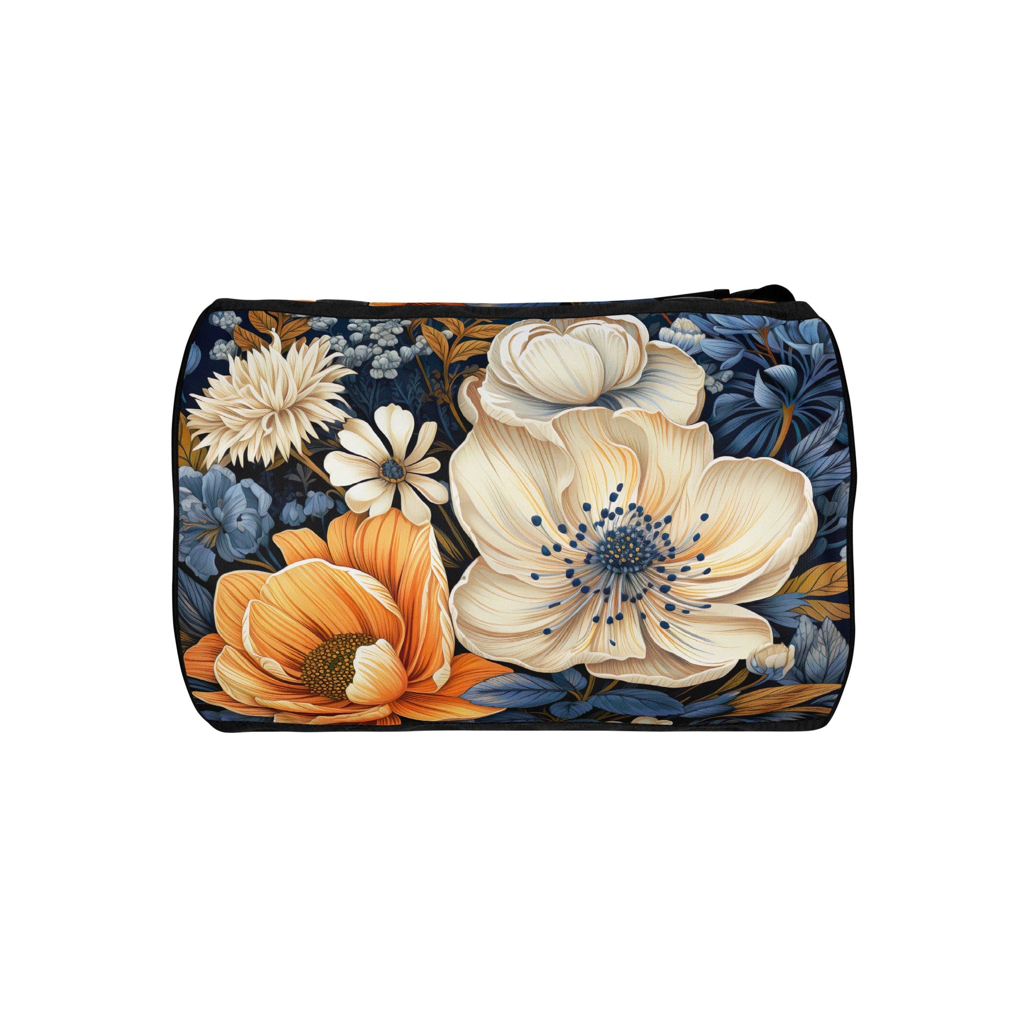 Crossbody water-resistant travel bag featuring a vibrant blue floral design, made from durable polyester with multiple pockets.