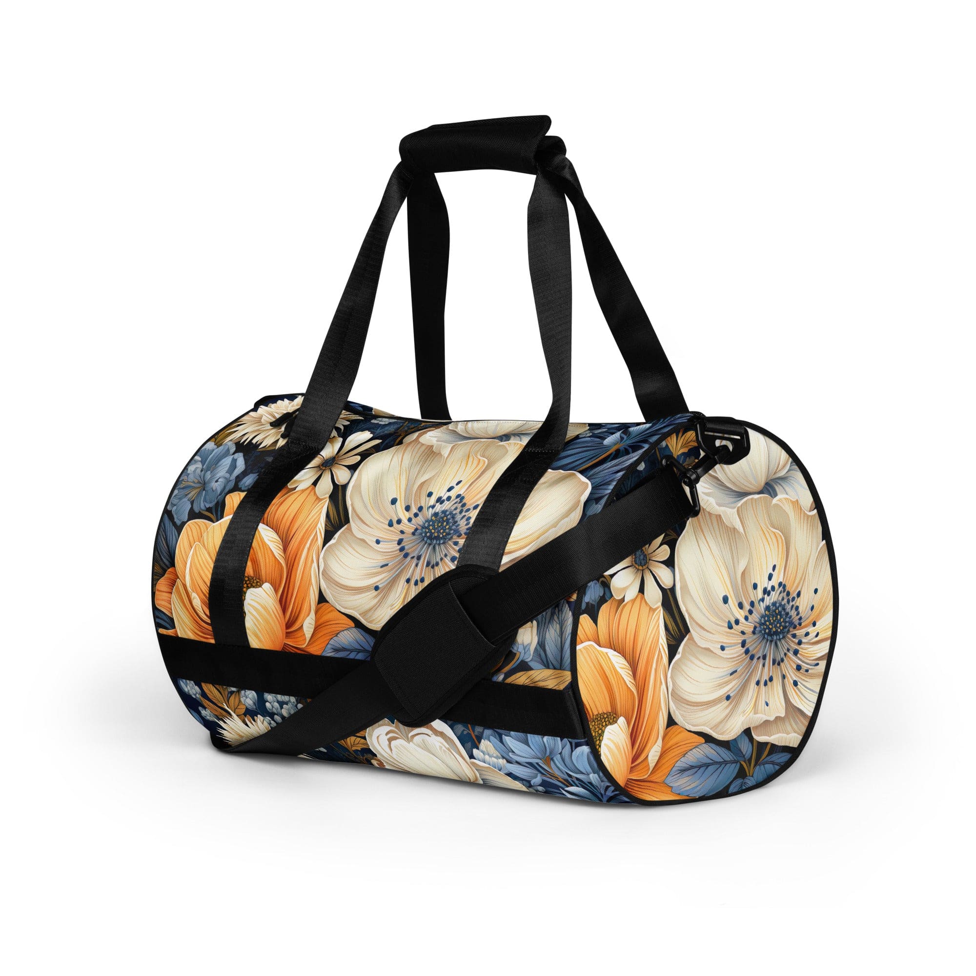 Crossbody water-resistant travel bag featuring a vibrant blue floral design, made from durable polyester with multiple pockets.