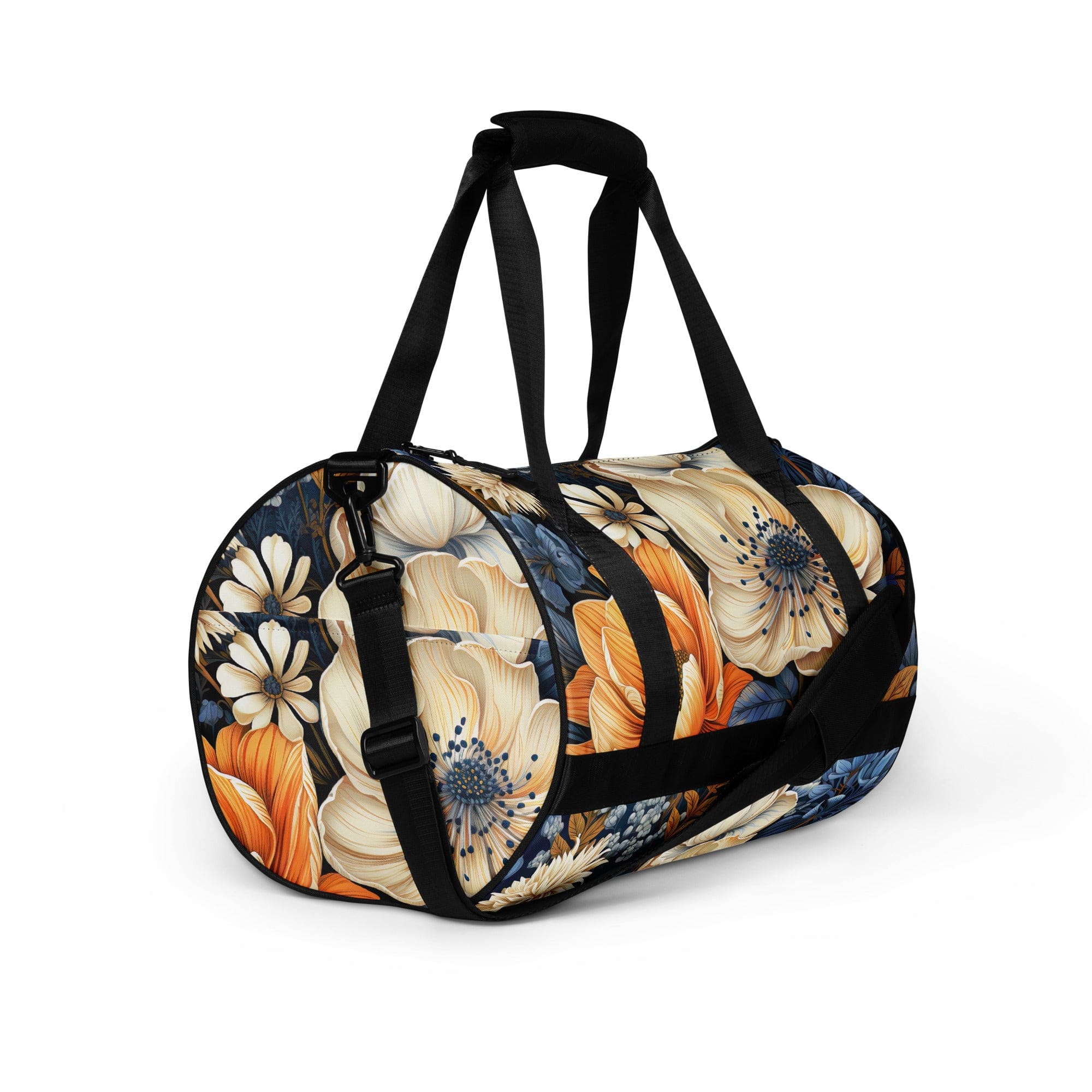 Crossbody water-resistant travel bag featuring a vibrant blue floral design, made from durable polyester with multiple pockets.