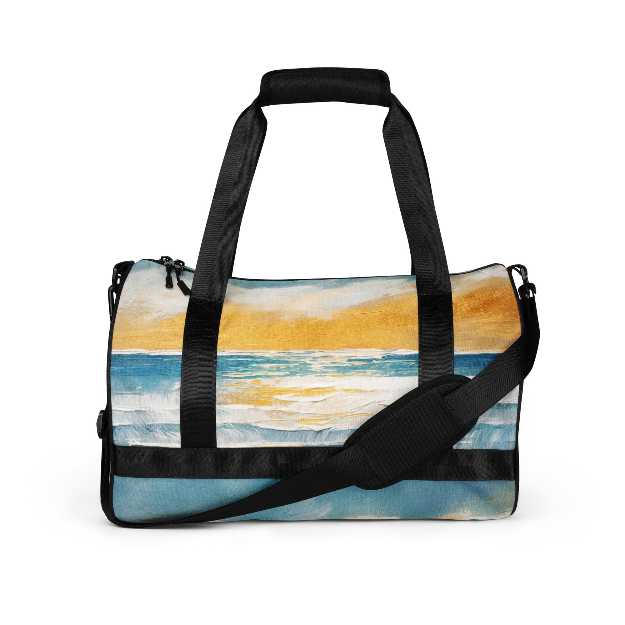 Crossbody water-resistant travel bag featuring a vibrant Blue Ocean Golden Sunset print, designed for fitness and travel with multiple pockets.