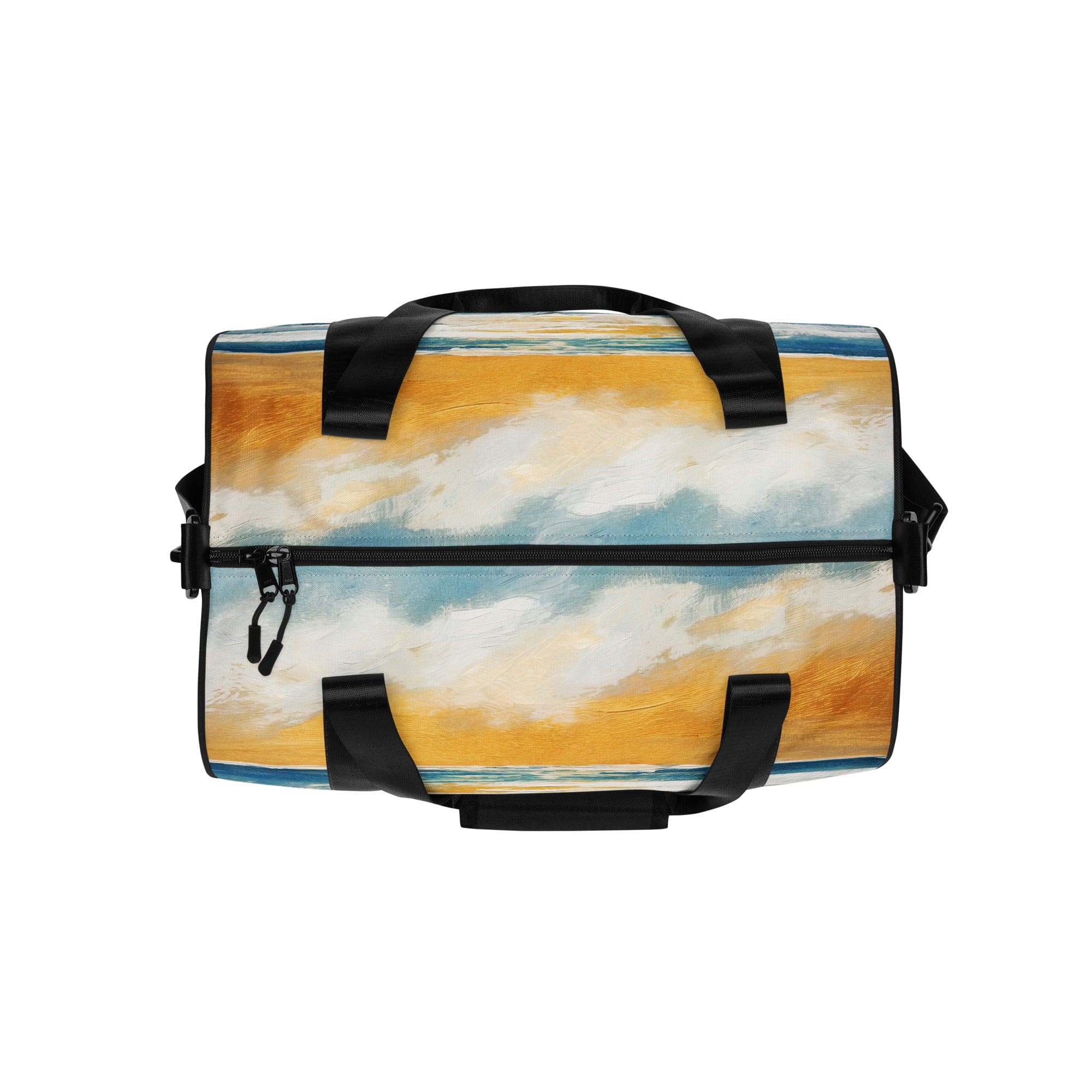 Crossbody water-resistant travel bag featuring a vibrant Blue Ocean Golden Sunset print, designed for fitness and travel with multiple pockets.