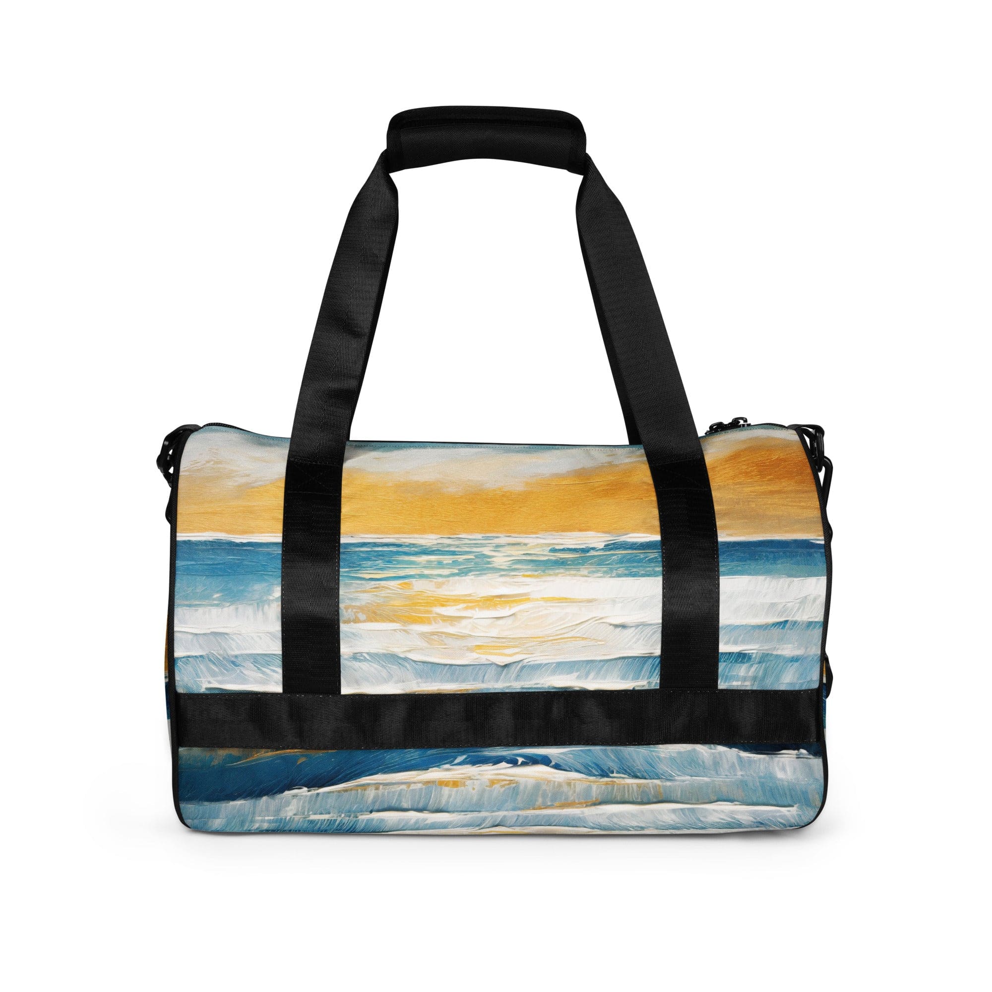 Crossbody water-resistant travel bag featuring a vibrant Blue Ocean Golden Sunset print, designed for fitness and travel with multiple pockets.