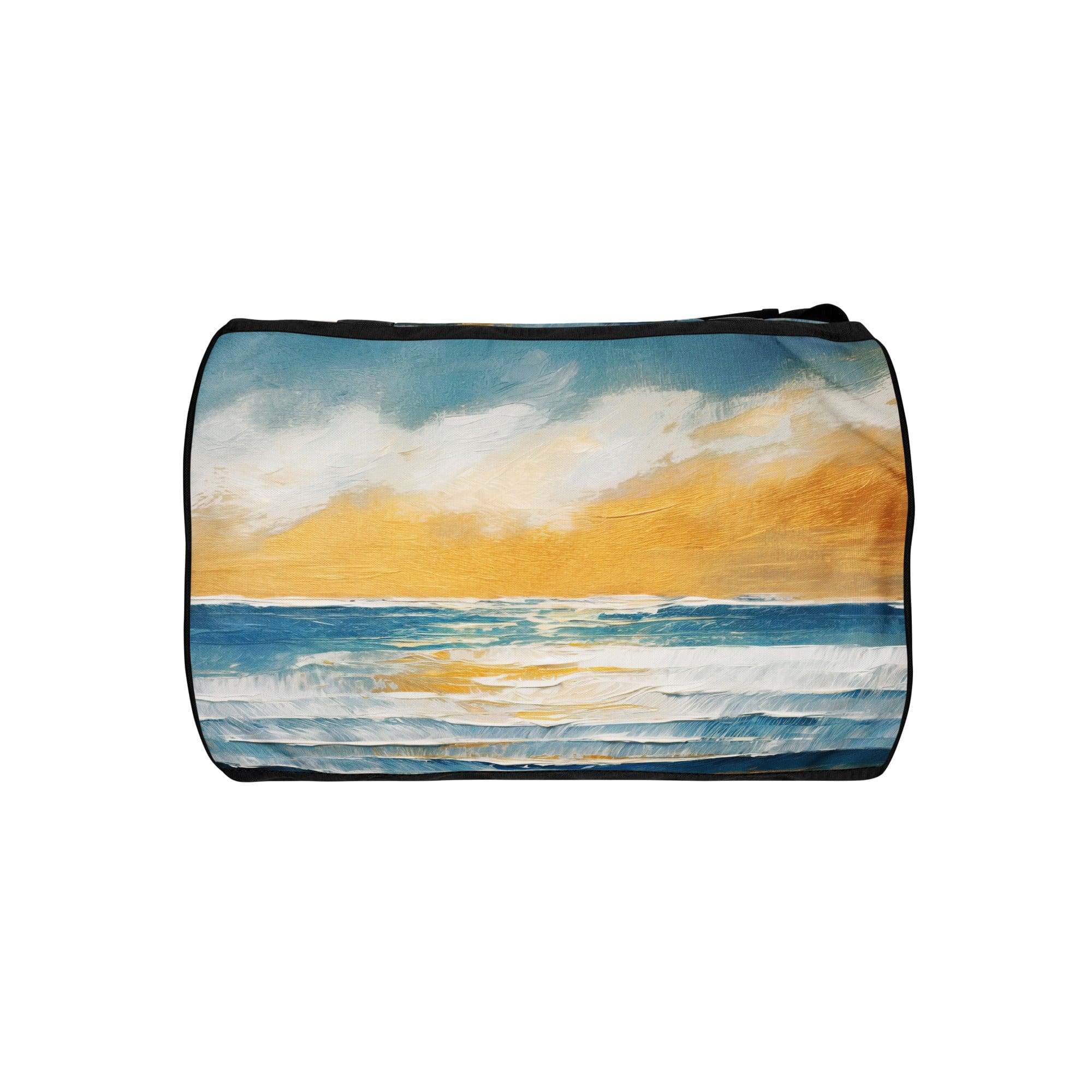 Crossbody water-resistant travel bag featuring a vibrant Blue Ocean Golden Sunset print, designed for fitness and travel with multiple pockets.