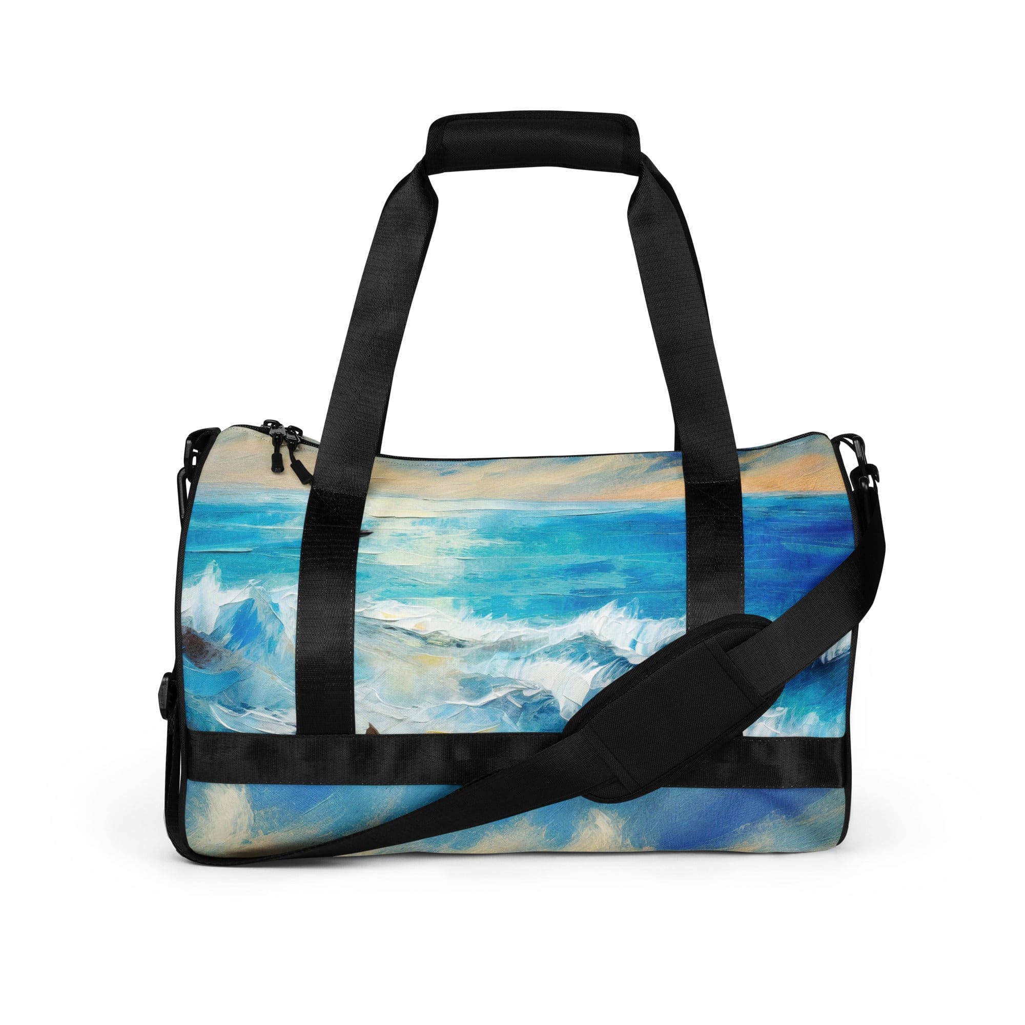 Crossbody Water-resistant Travel Bag featuring a vibrant Blue Ocean Print, showcasing its durable fabric and multiple pockets.