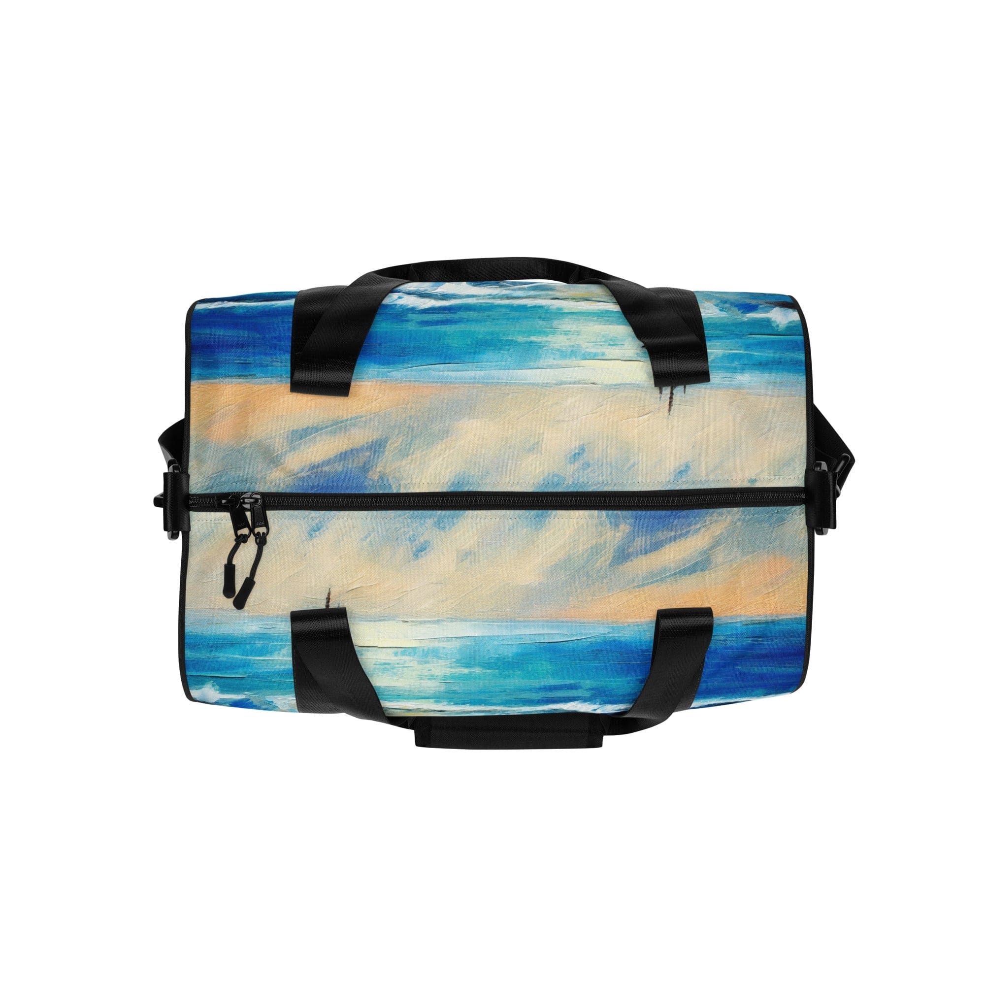 Crossbody Water-resistant Travel Bag featuring a vibrant Blue Ocean Print, showcasing its durable fabric and multiple pockets.