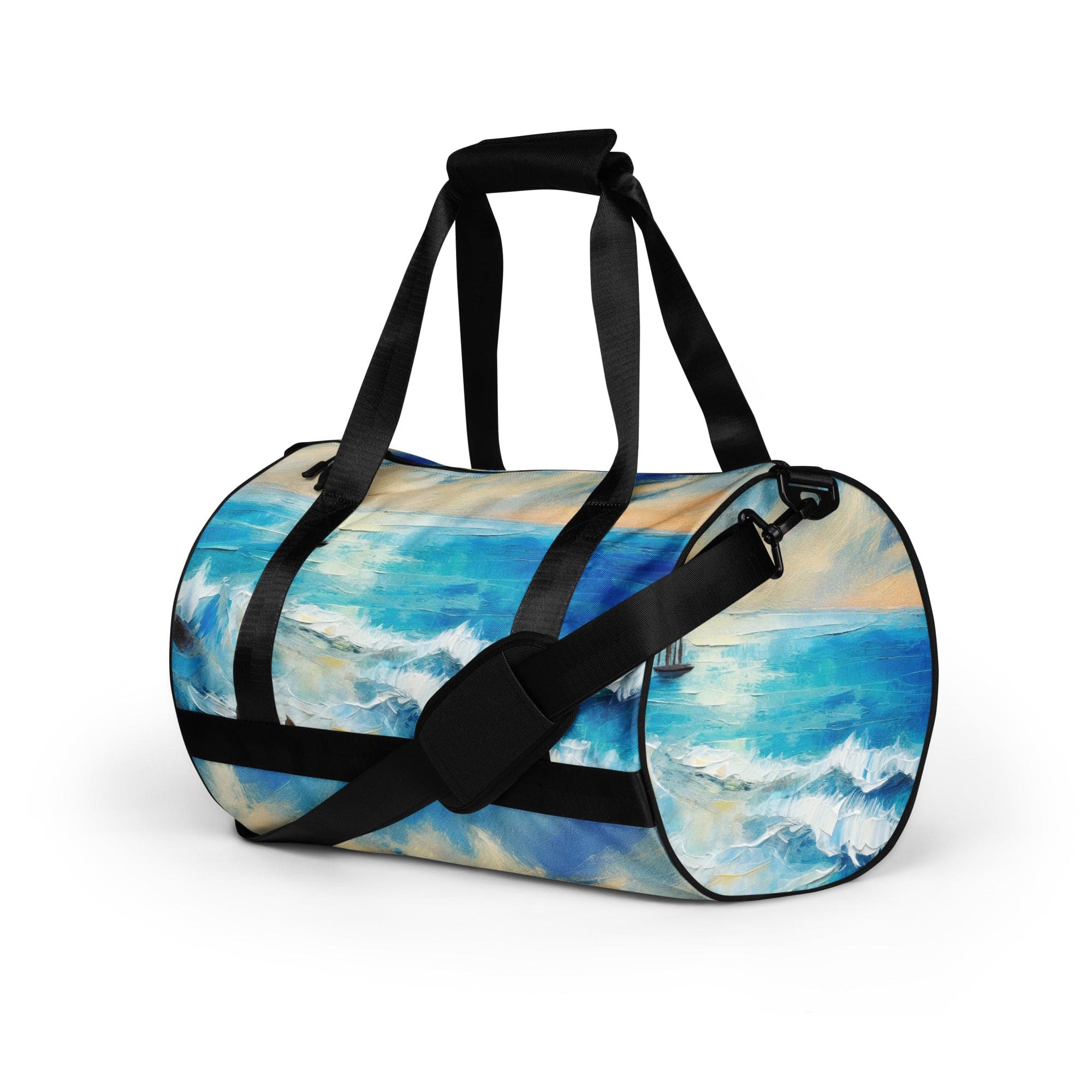 Crossbody Water-resistant Travel Bag featuring a vibrant Blue Ocean Print, showcasing its durable fabric and multiple pockets.