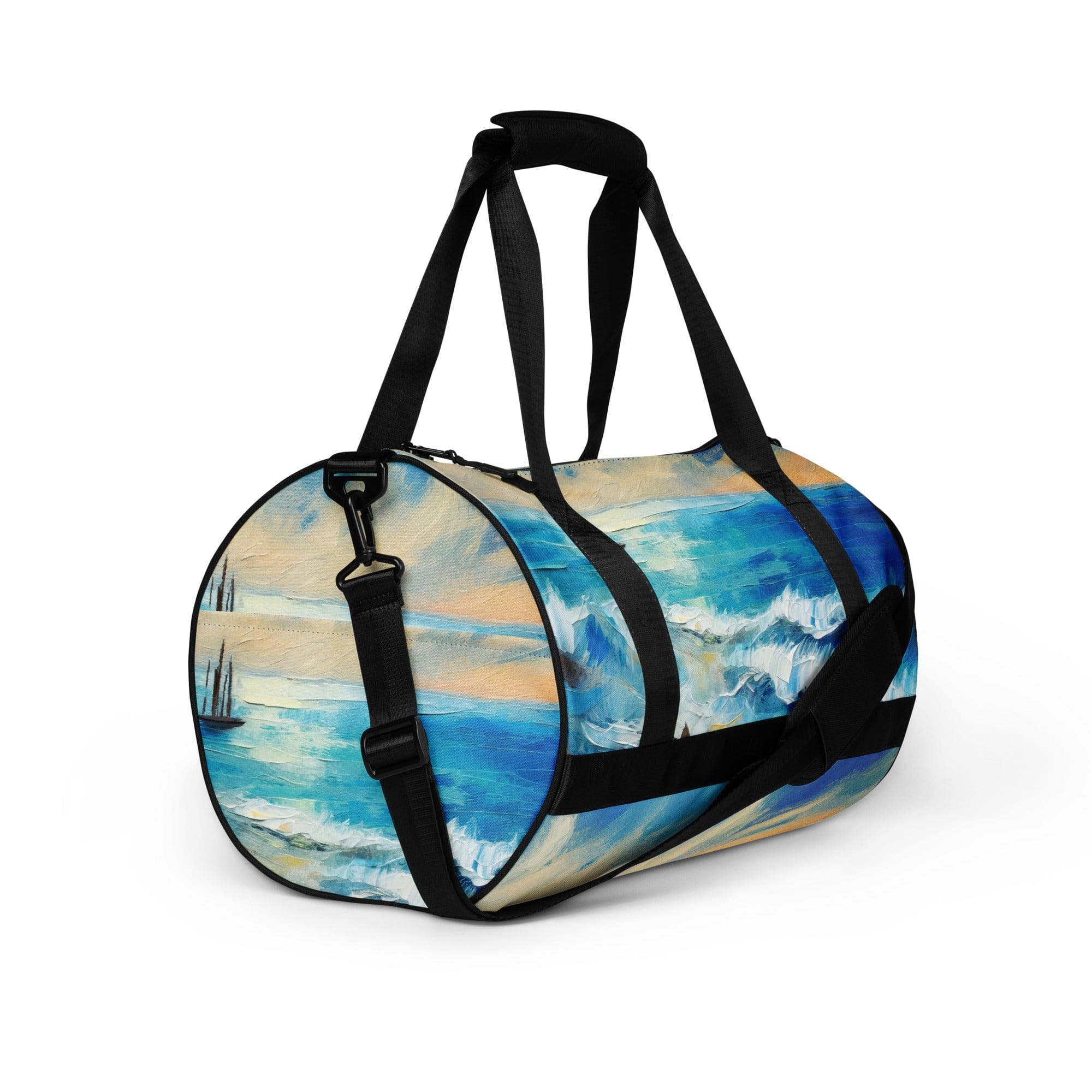 Crossbody Water-resistant Travel Bag featuring a vibrant Blue Ocean Print, showcasing its durable fabric and multiple pockets.