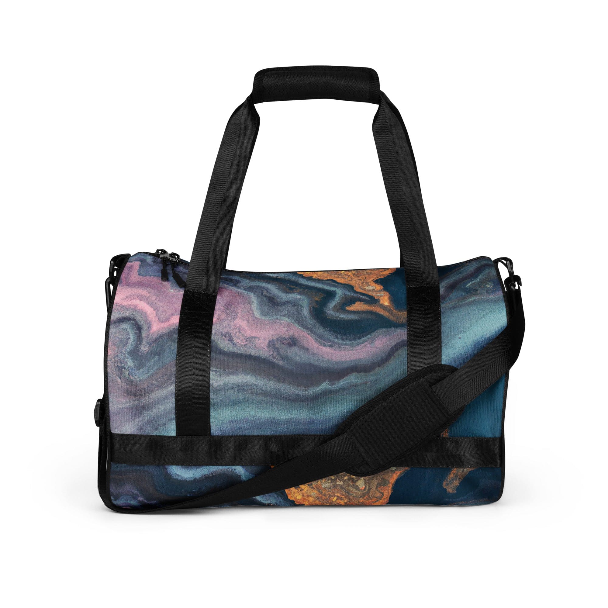 Crossbody water-resistant travel bag featuring a vibrant blue pink marble swirl print, designed for fitness and travel with padded handles and multiple pockets.