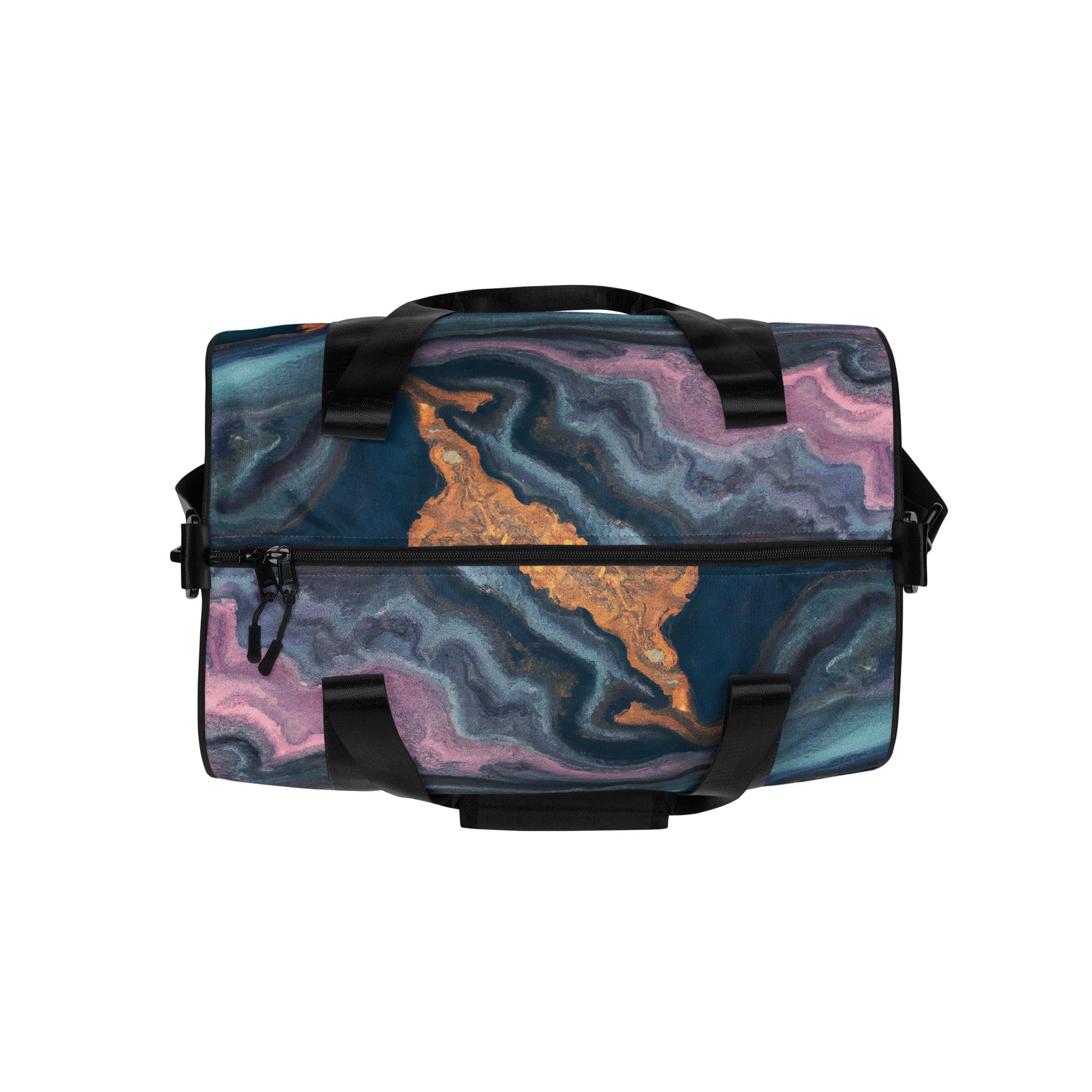 Crossbody water-resistant travel bag featuring a vibrant blue pink marble swirl print, designed for fitness and travel with padded handles and multiple pockets.