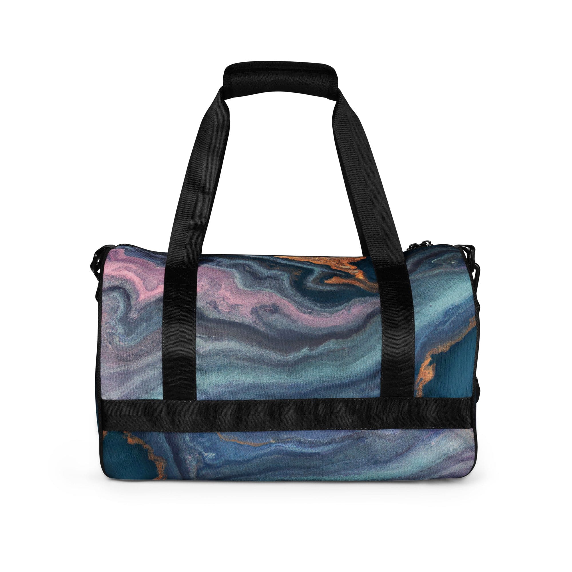 Crossbody water-resistant travel bag featuring a vibrant blue pink marble swirl print, designed for fitness and travel with padded handles and multiple pockets.