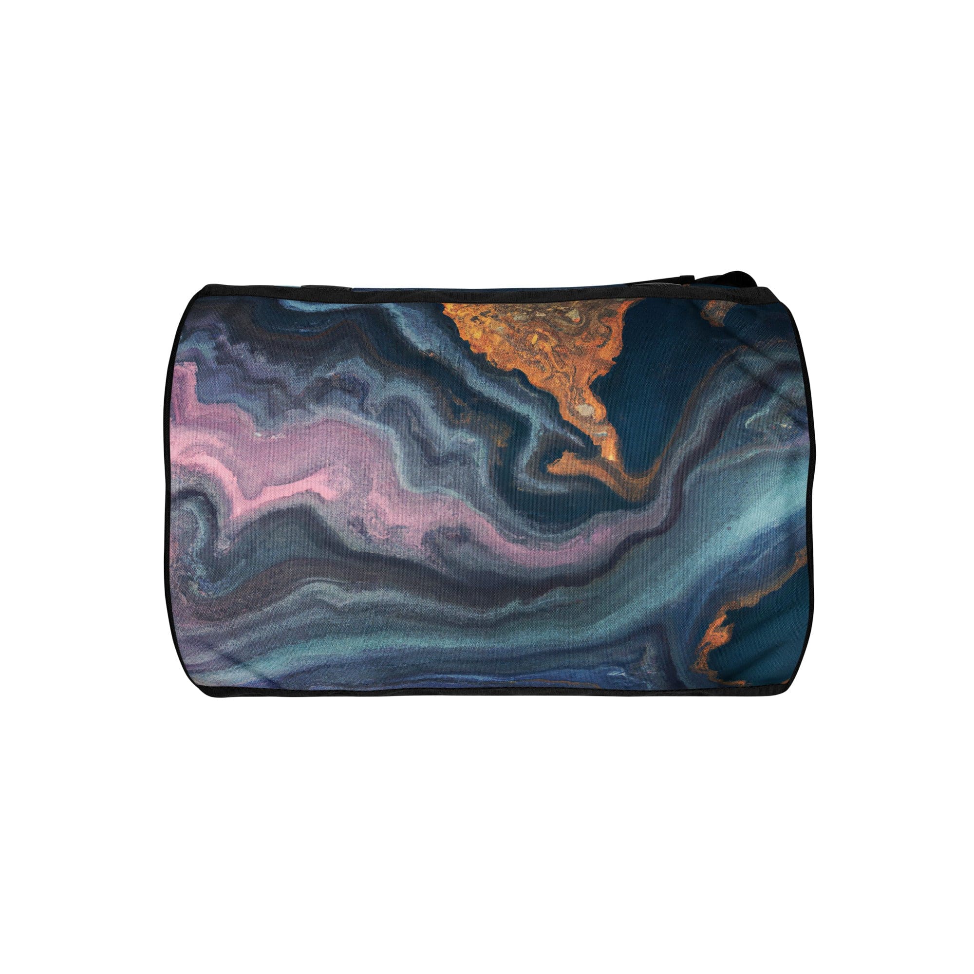 Crossbody water-resistant travel bag featuring a vibrant blue pink marble swirl print, designed for fitness and travel with padded handles and multiple pockets.