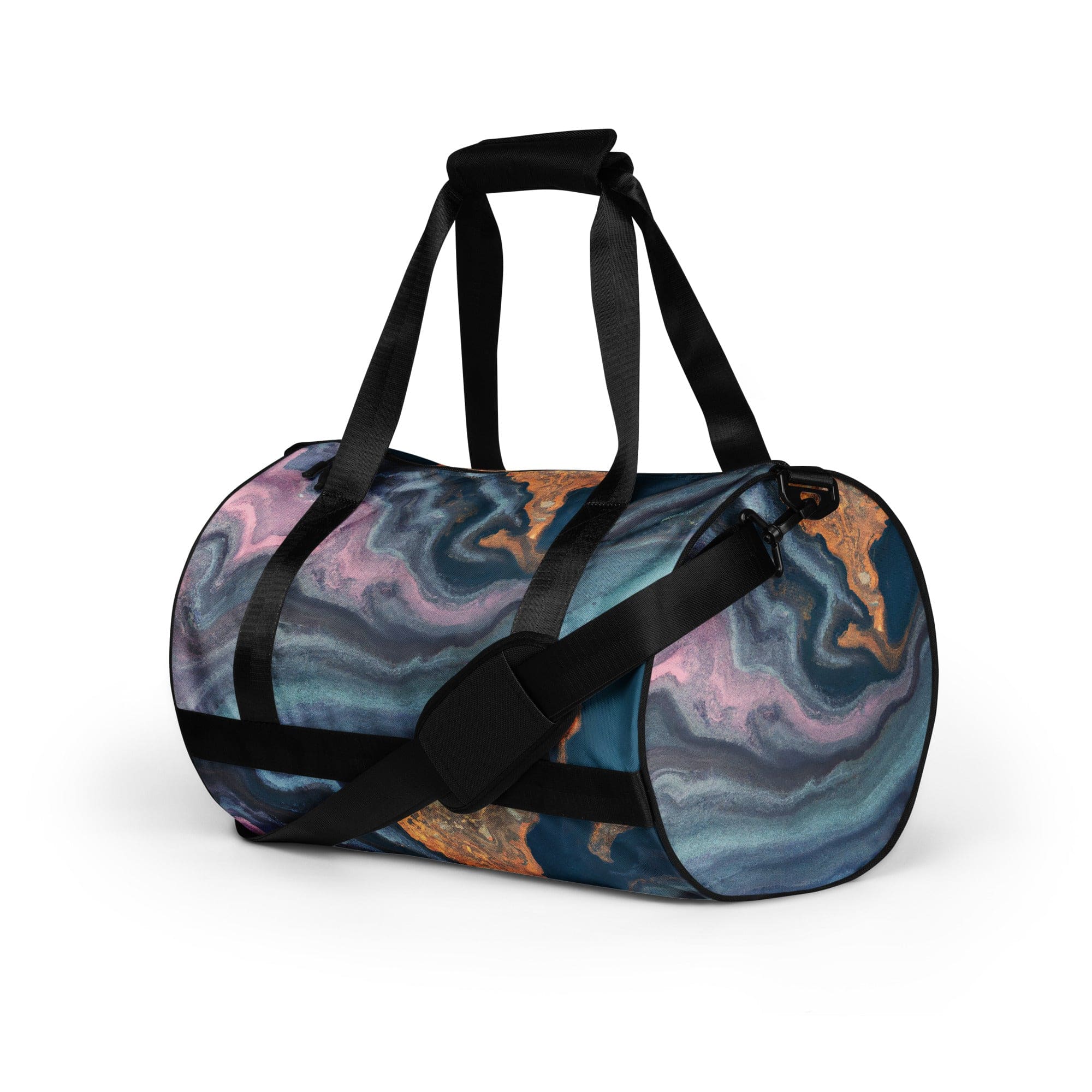 Crossbody water-resistant travel bag featuring a vibrant blue pink marble swirl print, designed for fitness and travel with padded handles and multiple pockets.