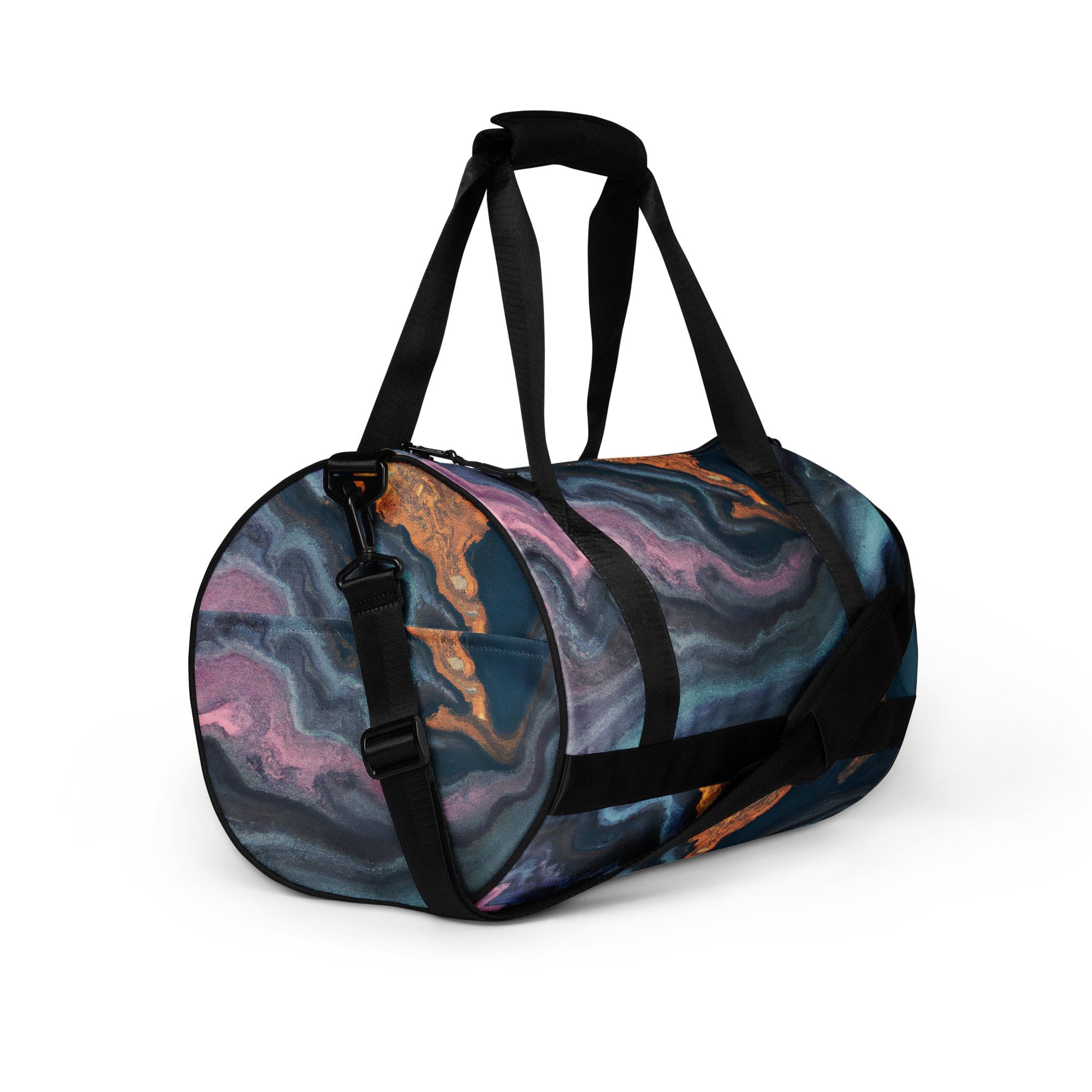 Crossbody water-resistant travel bag featuring a vibrant blue pink marble swirl print, designed for fitness and travel with padded handles and multiple pockets.