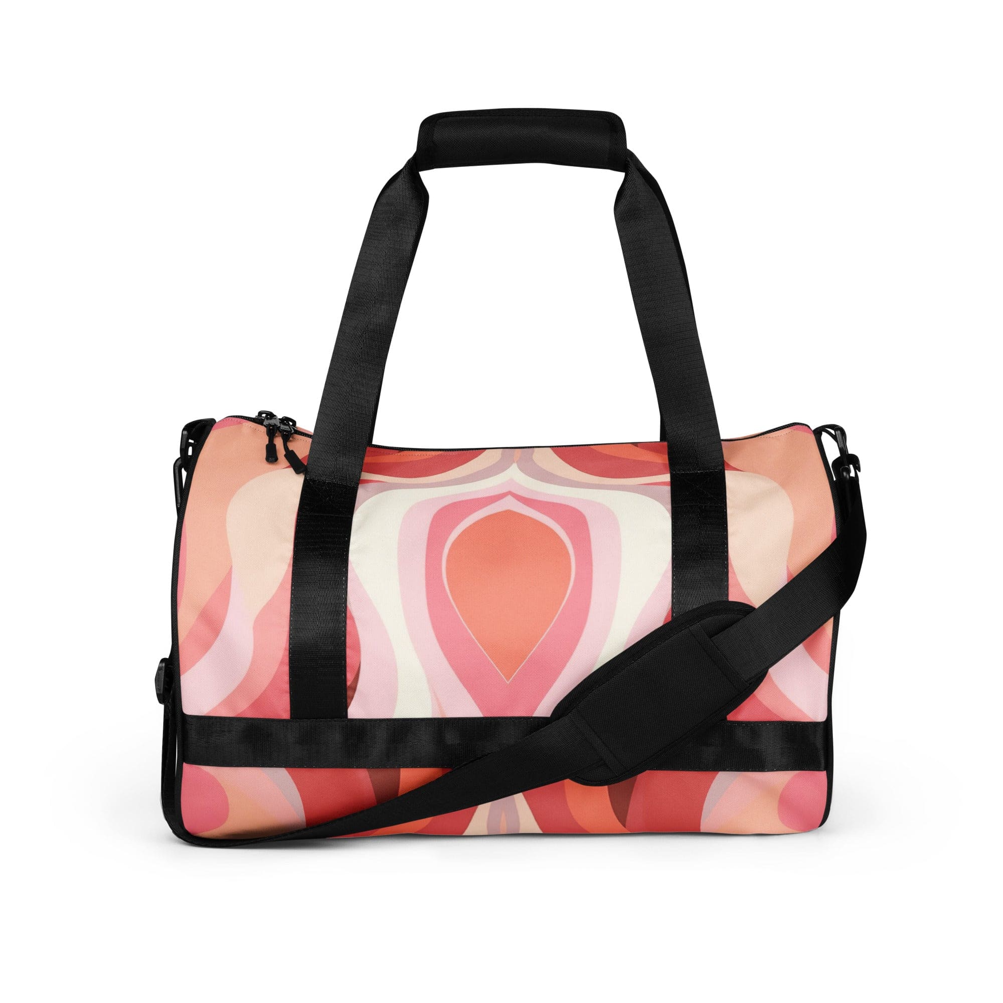 Crossbody Water-resistant Travel Bag in Boho Pink and White with contemporary art pattern, featuring padded handles and multiple pockets.