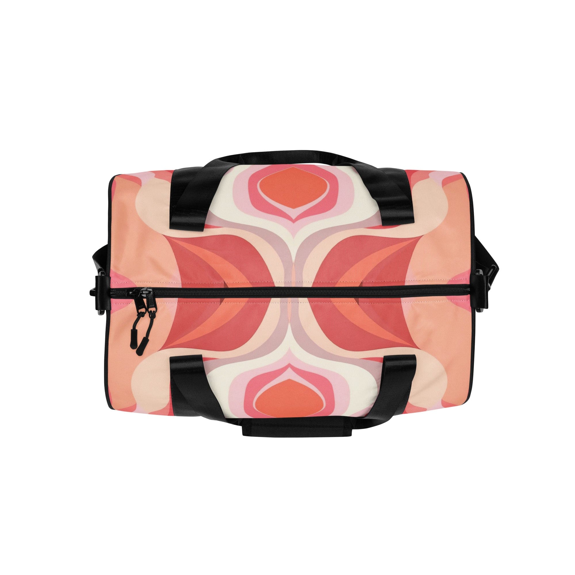 Crossbody Water-resistant Travel Bag in Boho Pink and White with contemporary art pattern, featuring padded handles and multiple pockets.