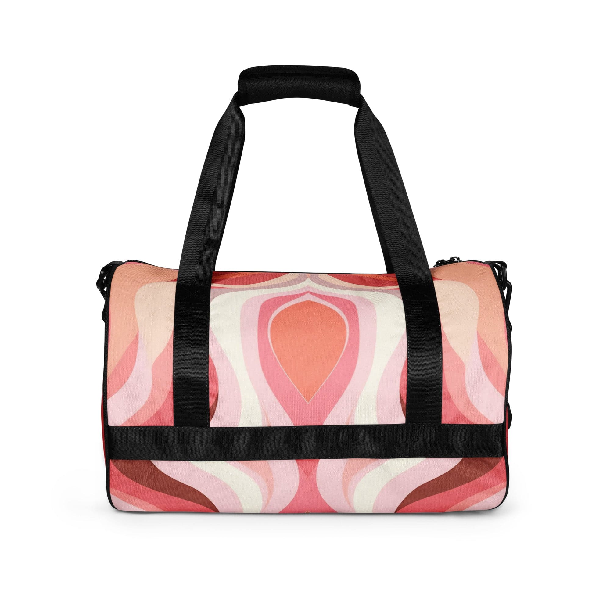 Crossbody Water-resistant Travel Bag in Boho Pink and White with contemporary art pattern, featuring padded handles and multiple pockets.