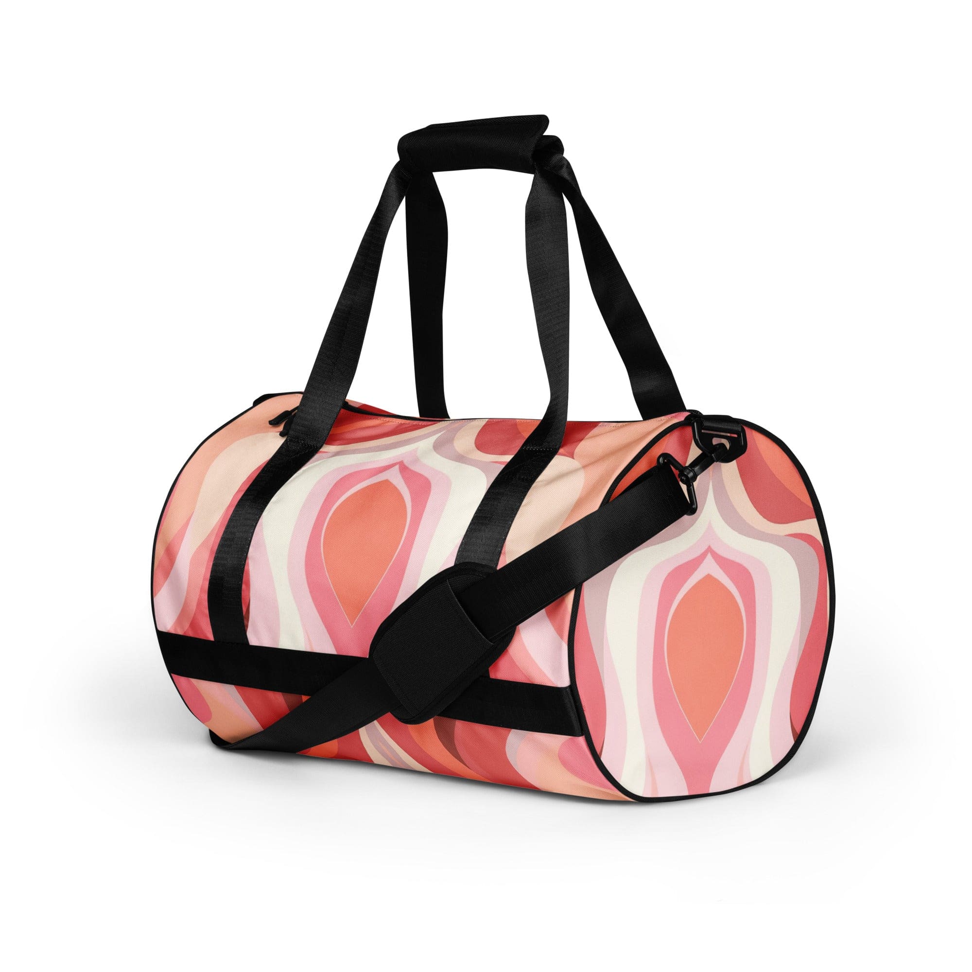 Crossbody Water-resistant Travel Bag in Boho Pink and White with contemporary art pattern, featuring padded handles and multiple pockets.