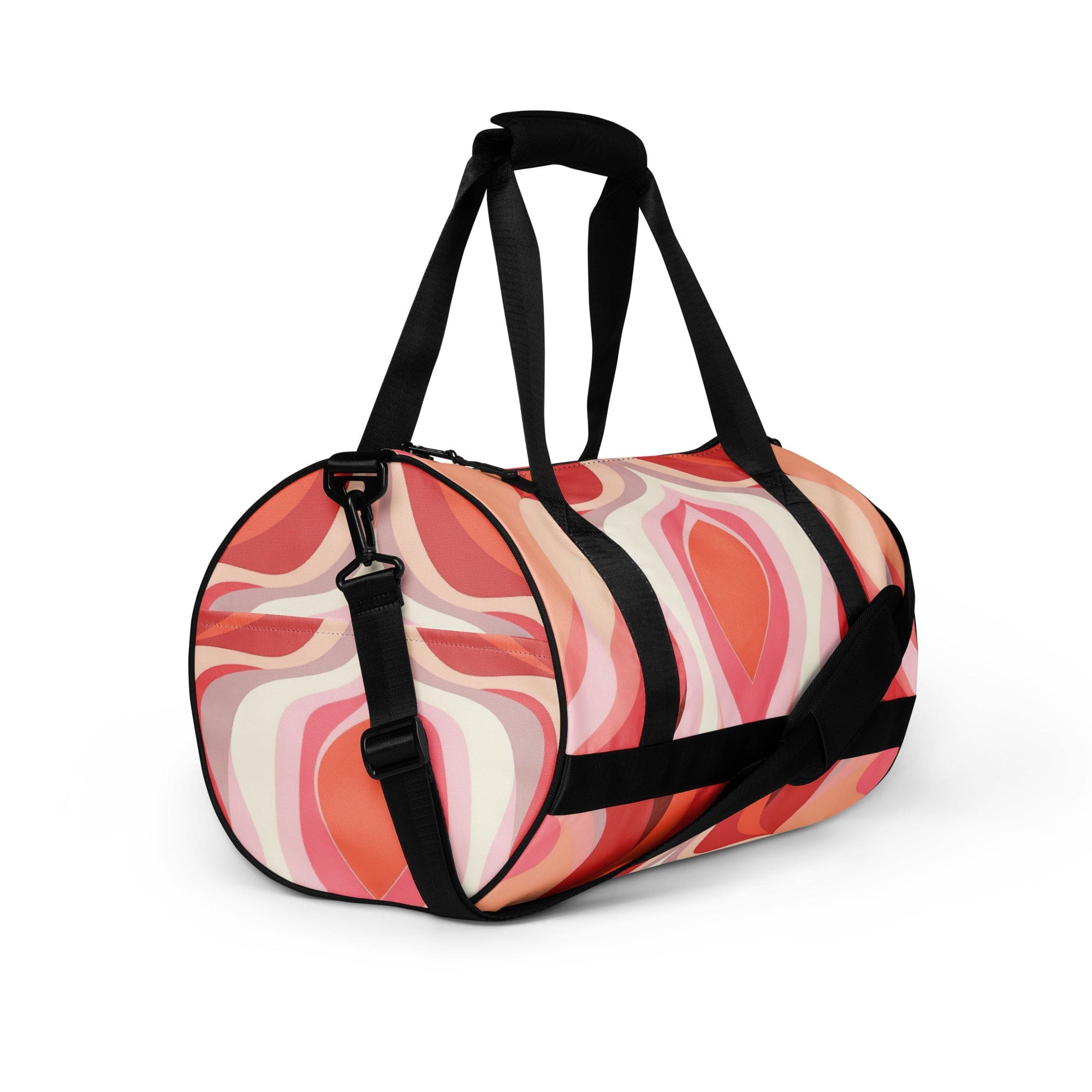 Crossbody Water-resistant Travel Bag in Boho Pink and White with contemporary art pattern, featuring padded handles and multiple pockets.