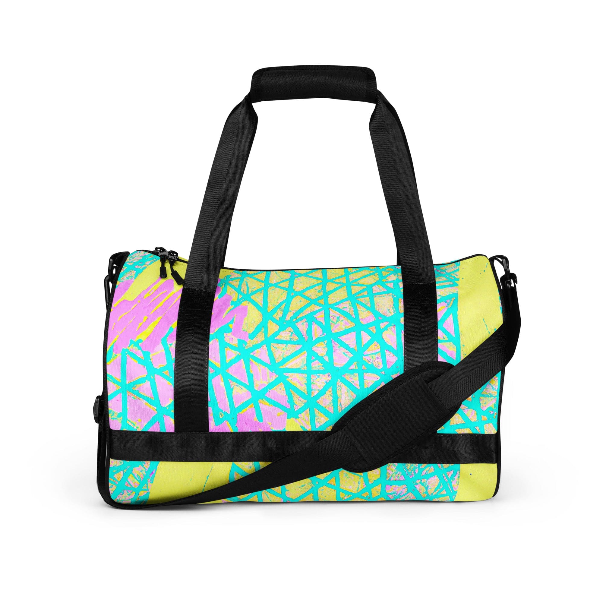 Crossbody water-resistant travel bag in cyan blue, lime green, and pink, featuring dual padded handles and multiple pockets.