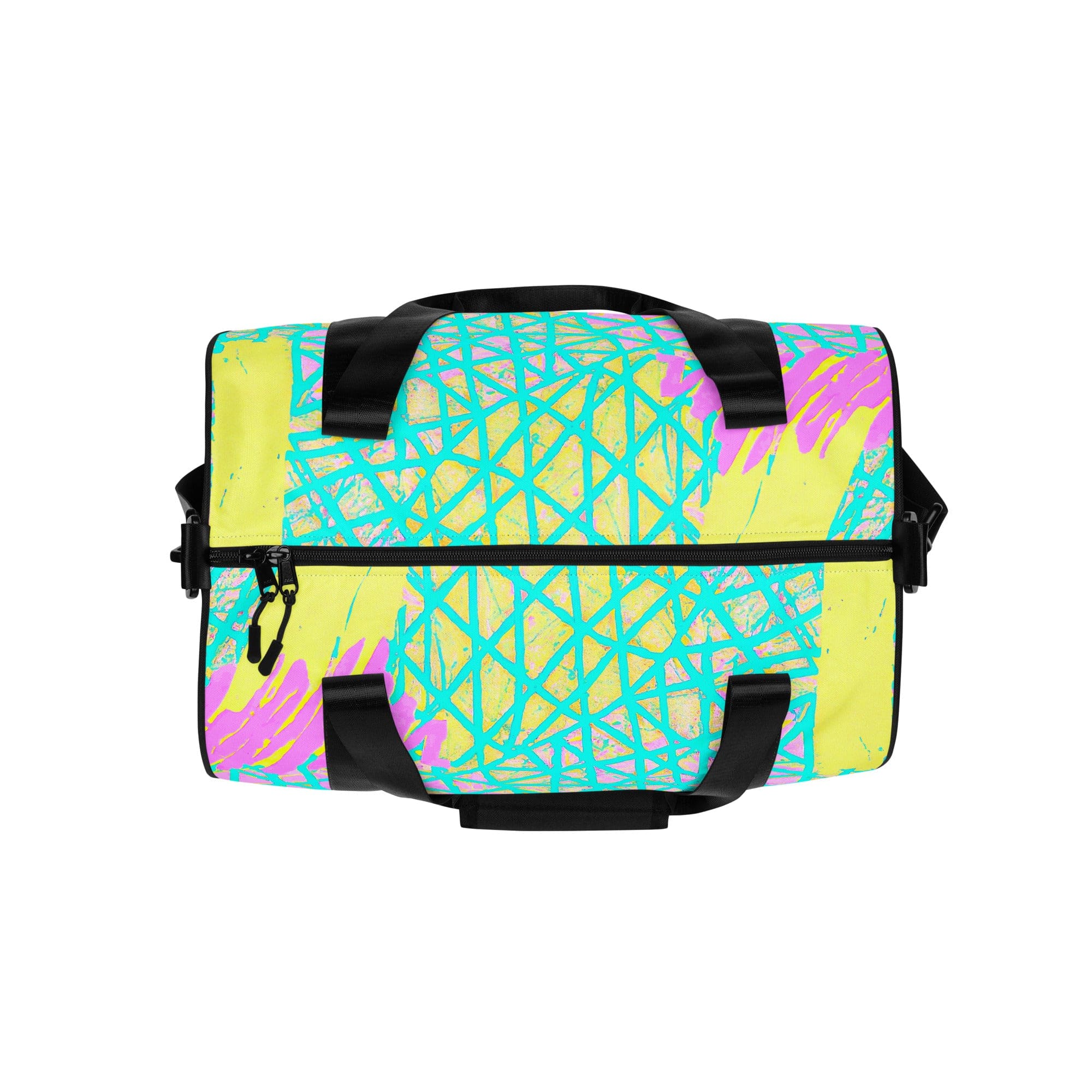 Crossbody water-resistant travel bag in cyan blue, lime green, and pink, featuring dual padded handles and multiple pockets.