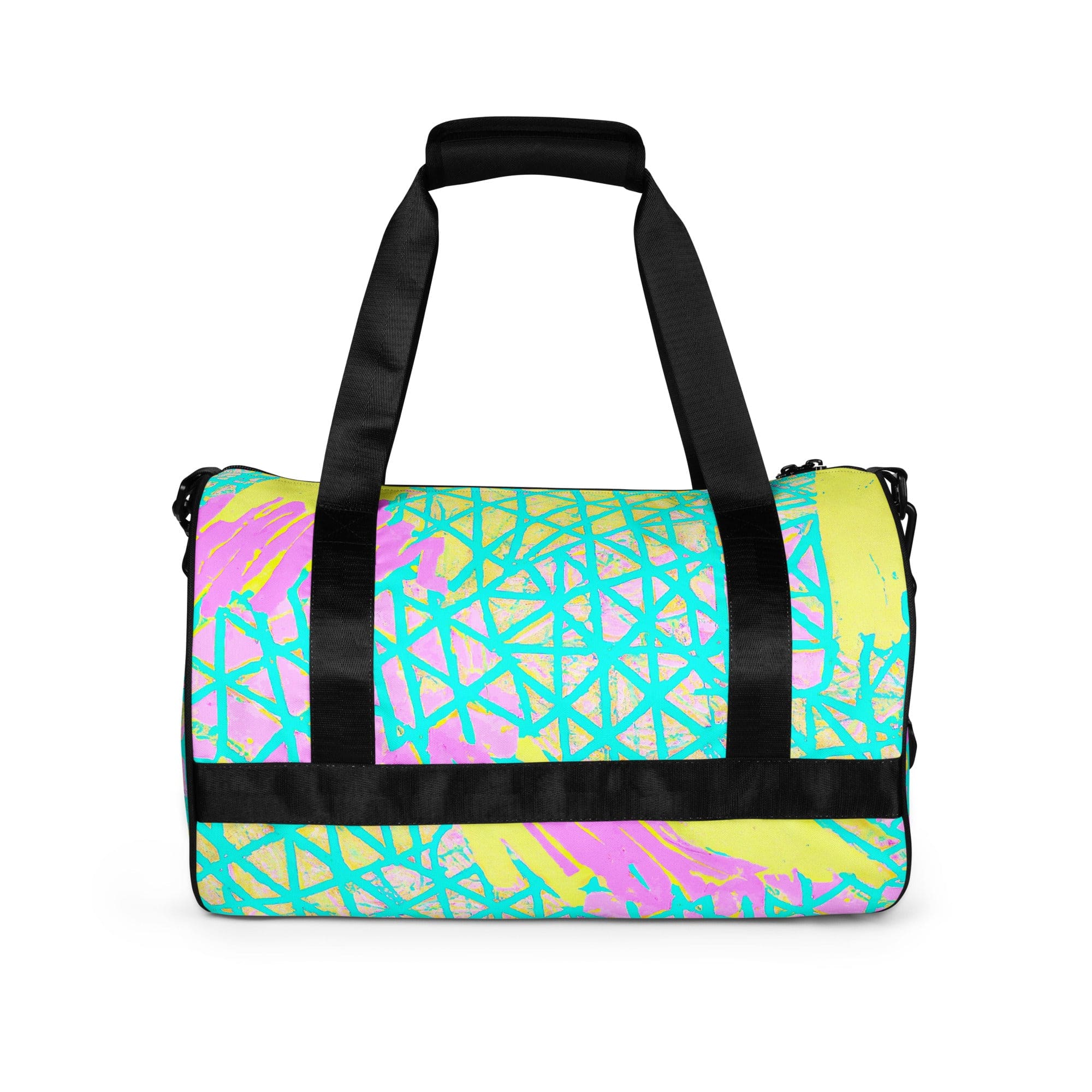 Crossbody water-resistant travel bag in cyan blue, lime green, and pink, featuring dual padded handles and multiple pockets.