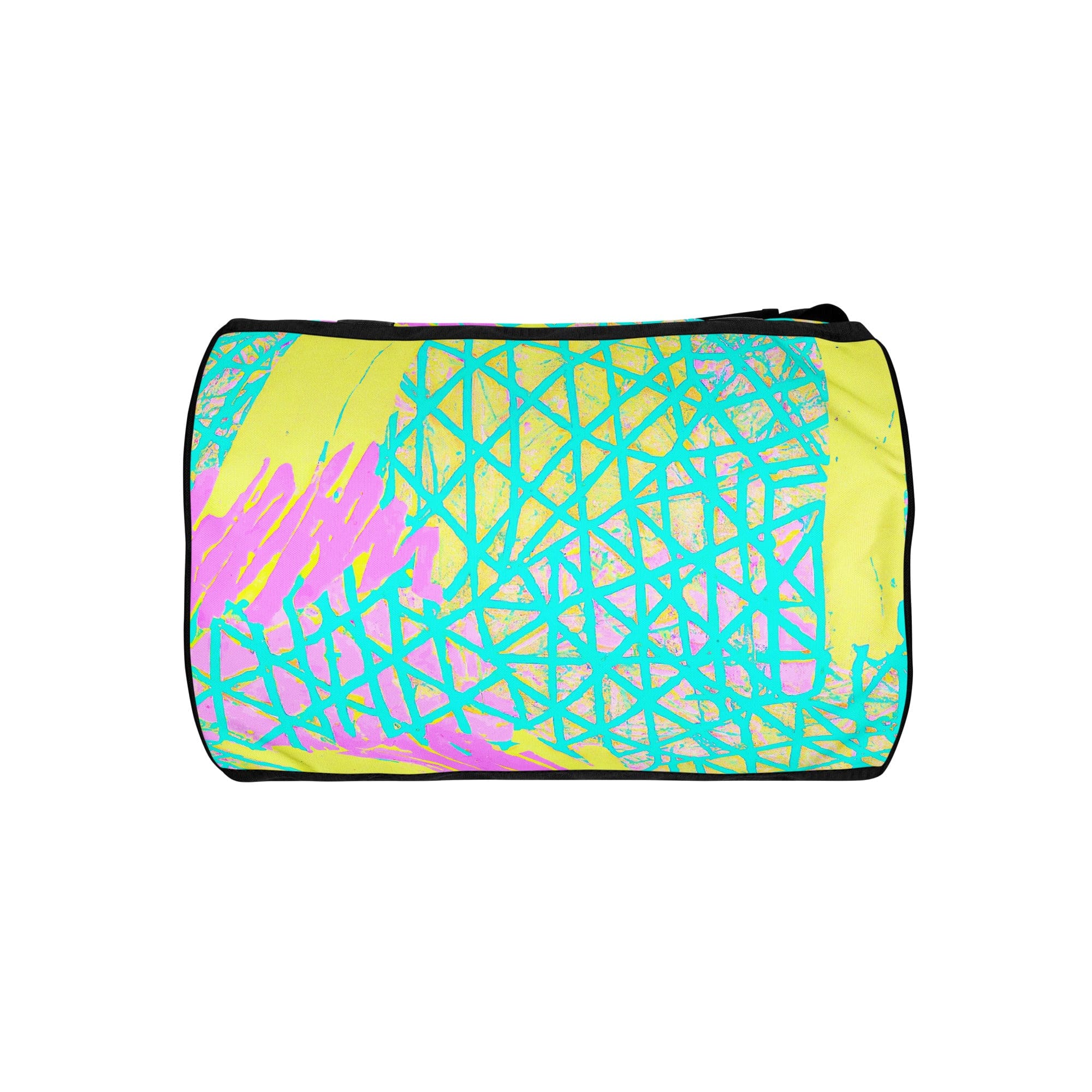 Crossbody water-resistant travel bag in cyan blue, lime green, and pink, featuring dual padded handles and multiple pockets.