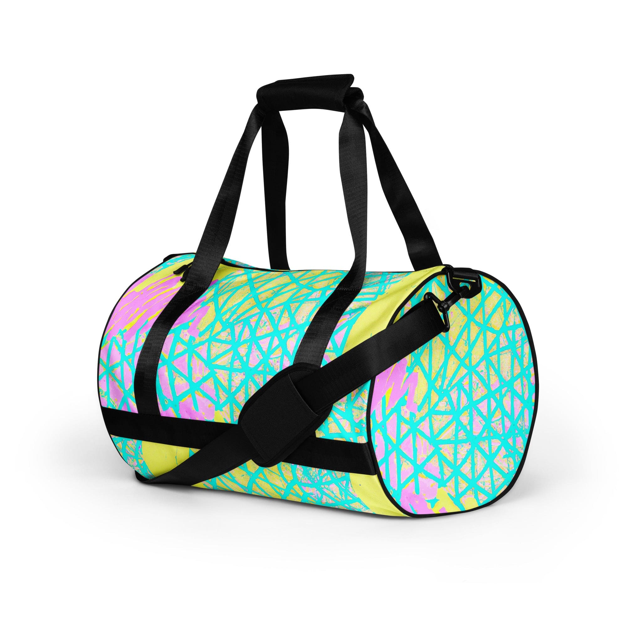 Crossbody water-resistant travel bag in cyan blue, lime green, and pink, featuring dual padded handles and multiple pockets.