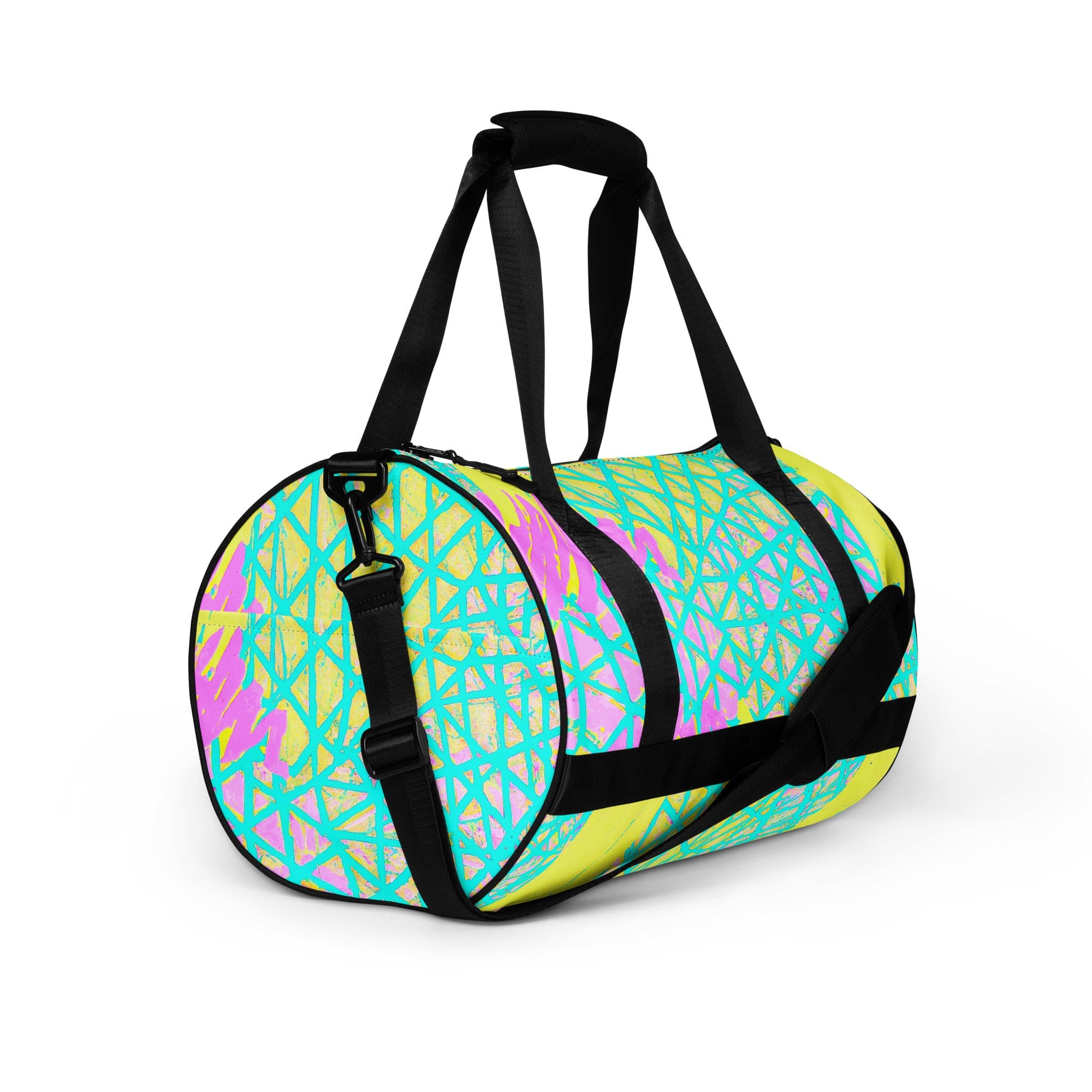 Crossbody water-resistant travel bag in cyan blue, lime green, and pink, featuring dual padded handles and multiple pockets.