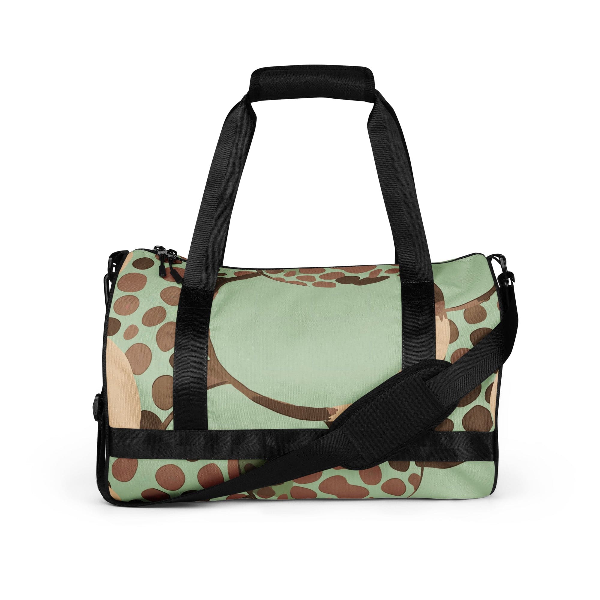 Crossbody water-resistant travel bag in mint green with brown spots, featuring dual padded handles and multiple pockets.