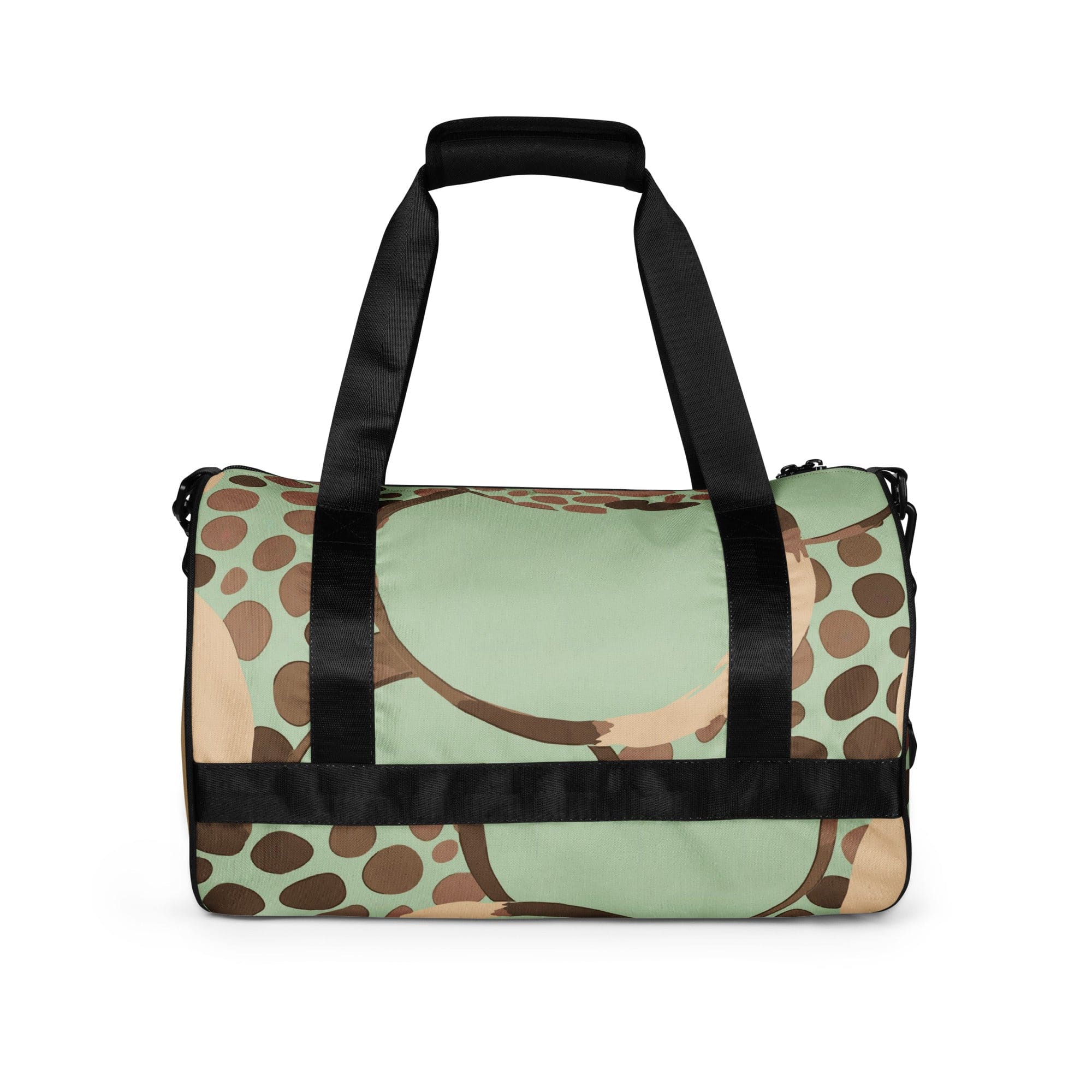 Crossbody water-resistant travel bag in mint green with brown spots, featuring dual padded handles and multiple pockets.