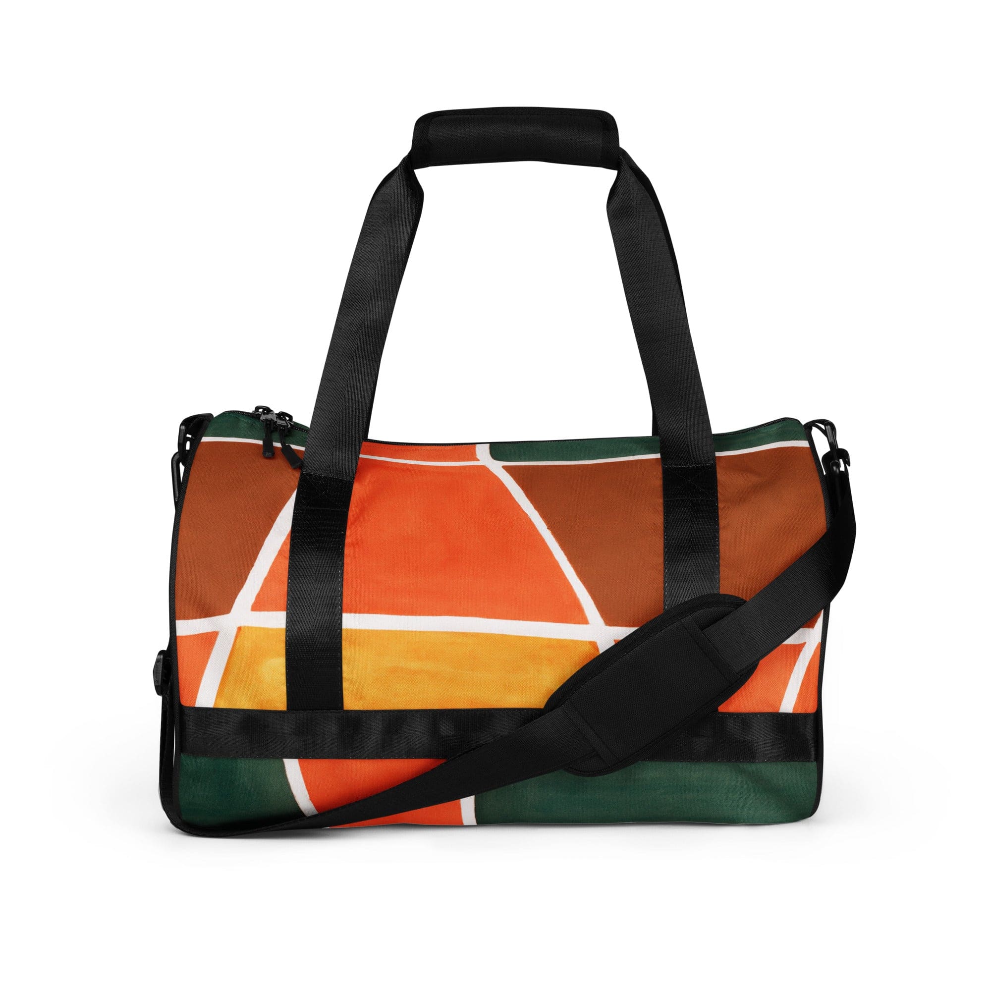 Crossbody water-resistant travel bag featuring a vibrant orange and green boho pattern, designed for fitness and travel with padded handles.