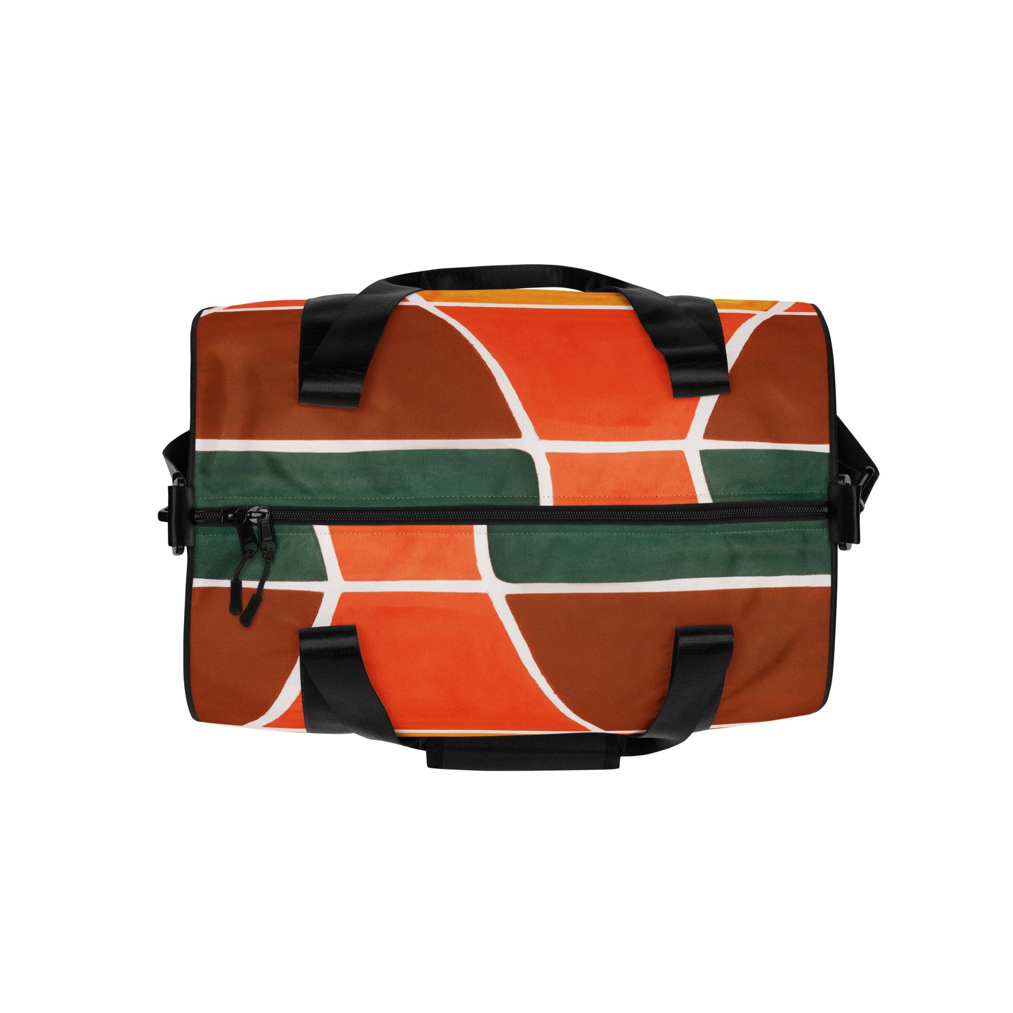 Crossbody water-resistant travel bag featuring a vibrant orange and green boho pattern, designed for fitness and travel with padded handles.