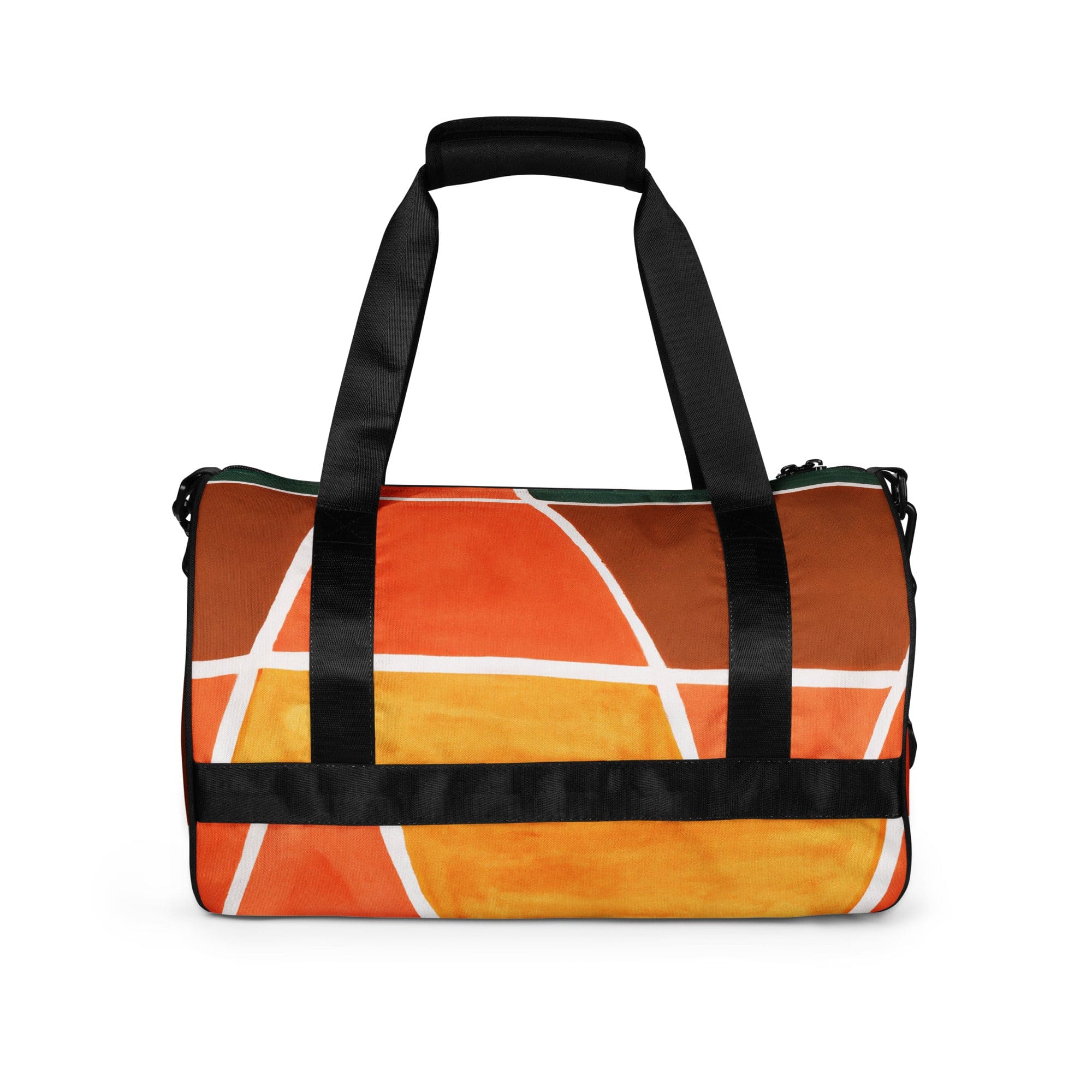 Crossbody water-resistant travel bag featuring a vibrant orange and green boho pattern, designed for fitness and travel with padded handles.