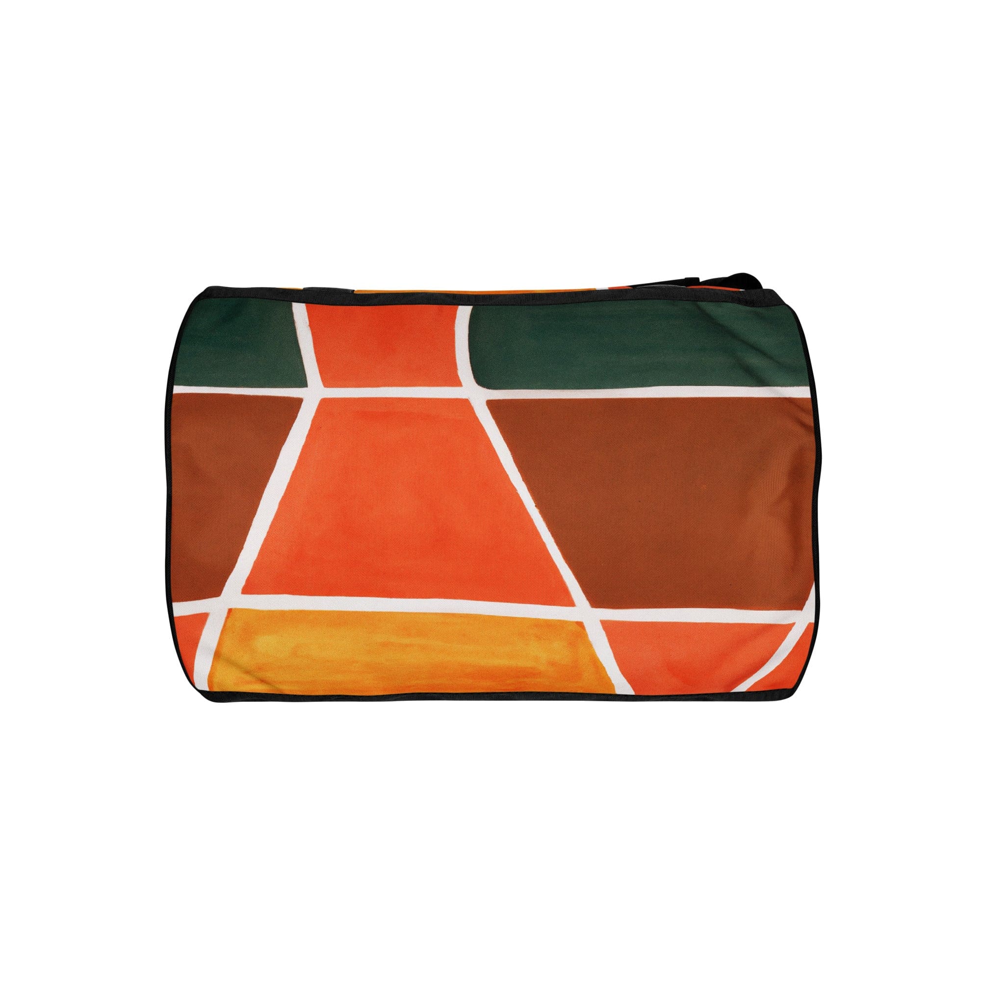 Crossbody water-resistant travel bag featuring a vibrant orange and green boho pattern, designed for fitness and travel with padded handles.