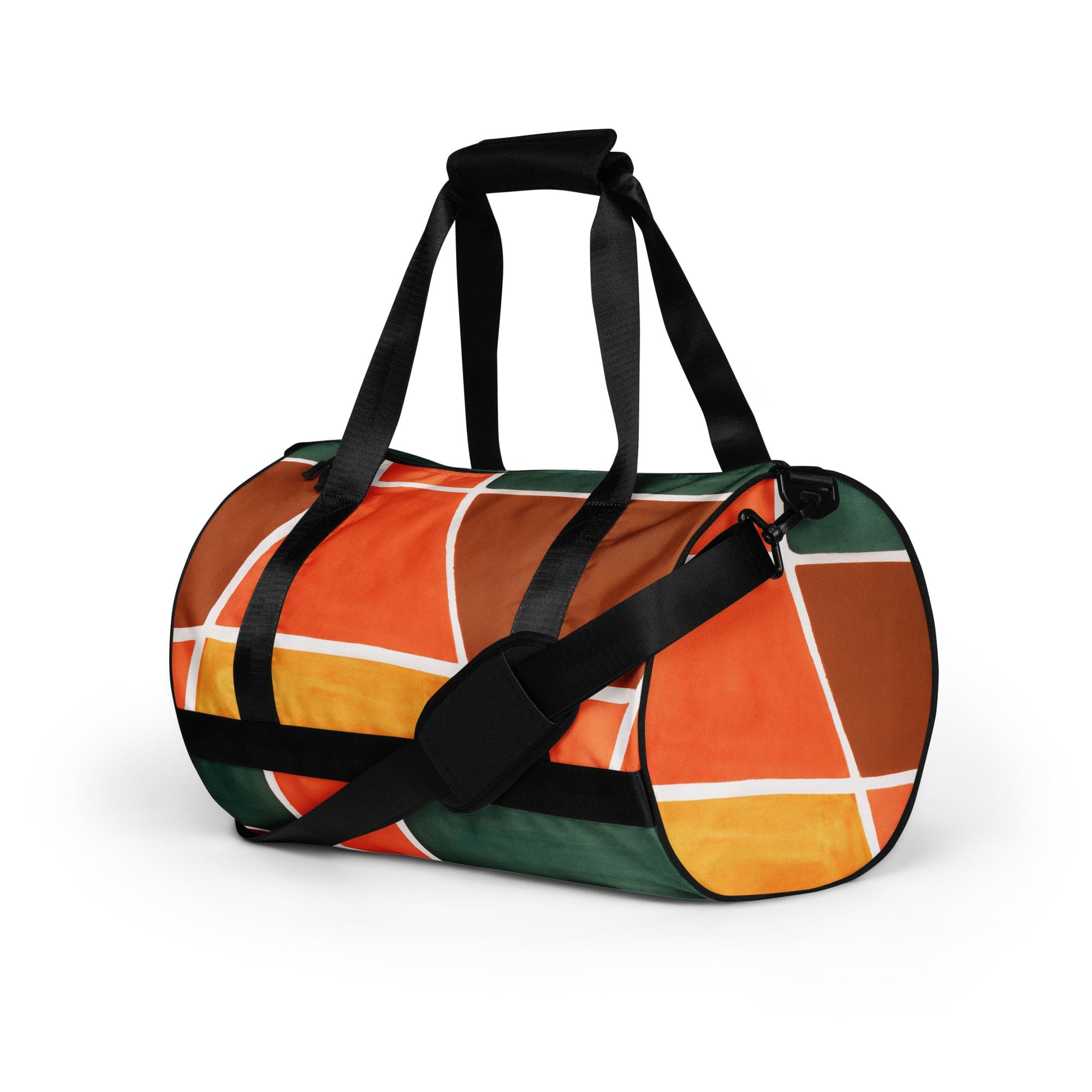 Crossbody water-resistant travel bag featuring a vibrant orange and green boho pattern, designed for fitness and travel with padded handles.