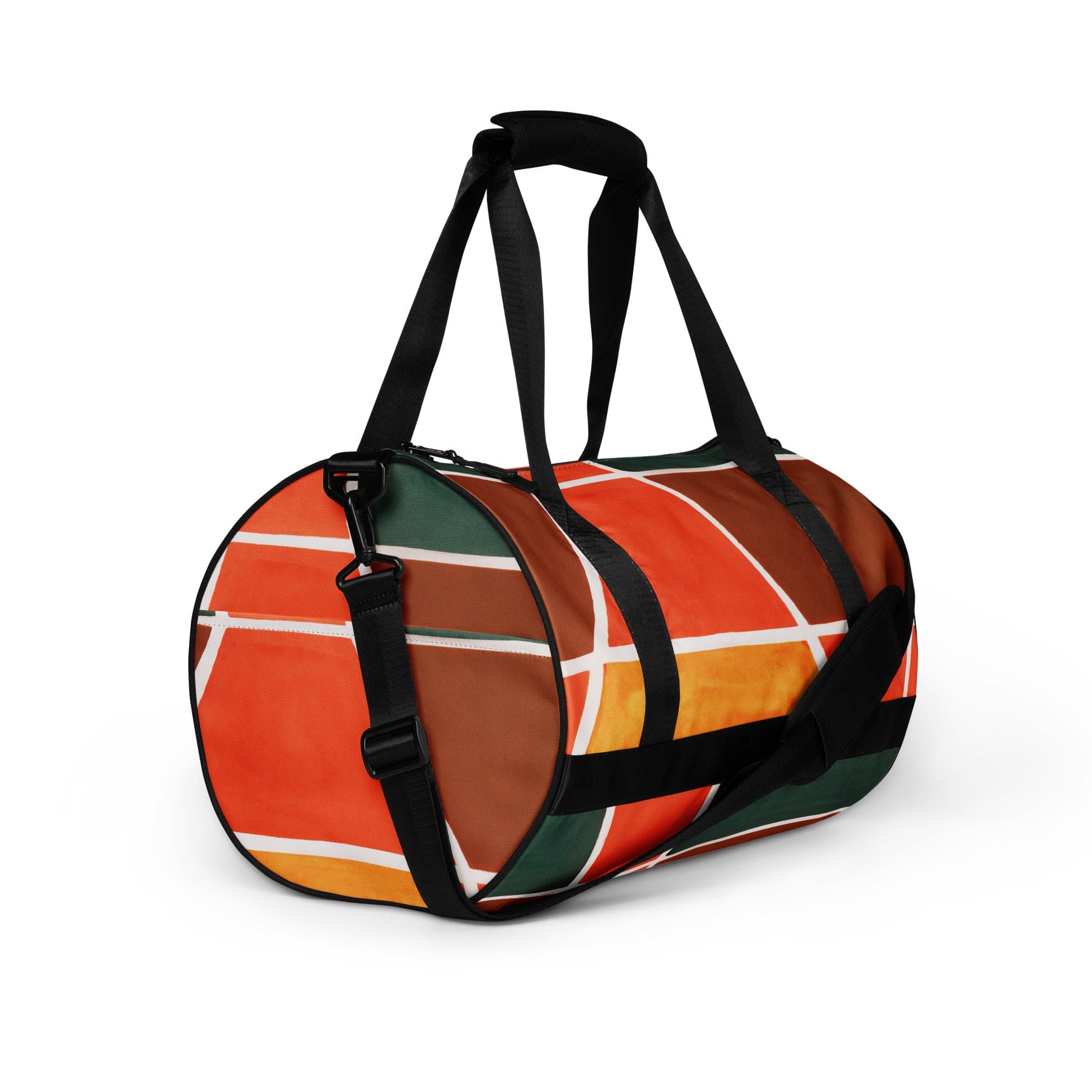 Crossbody water-resistant travel bag featuring a vibrant orange and green boho pattern, designed for fitness and travel with padded handles.