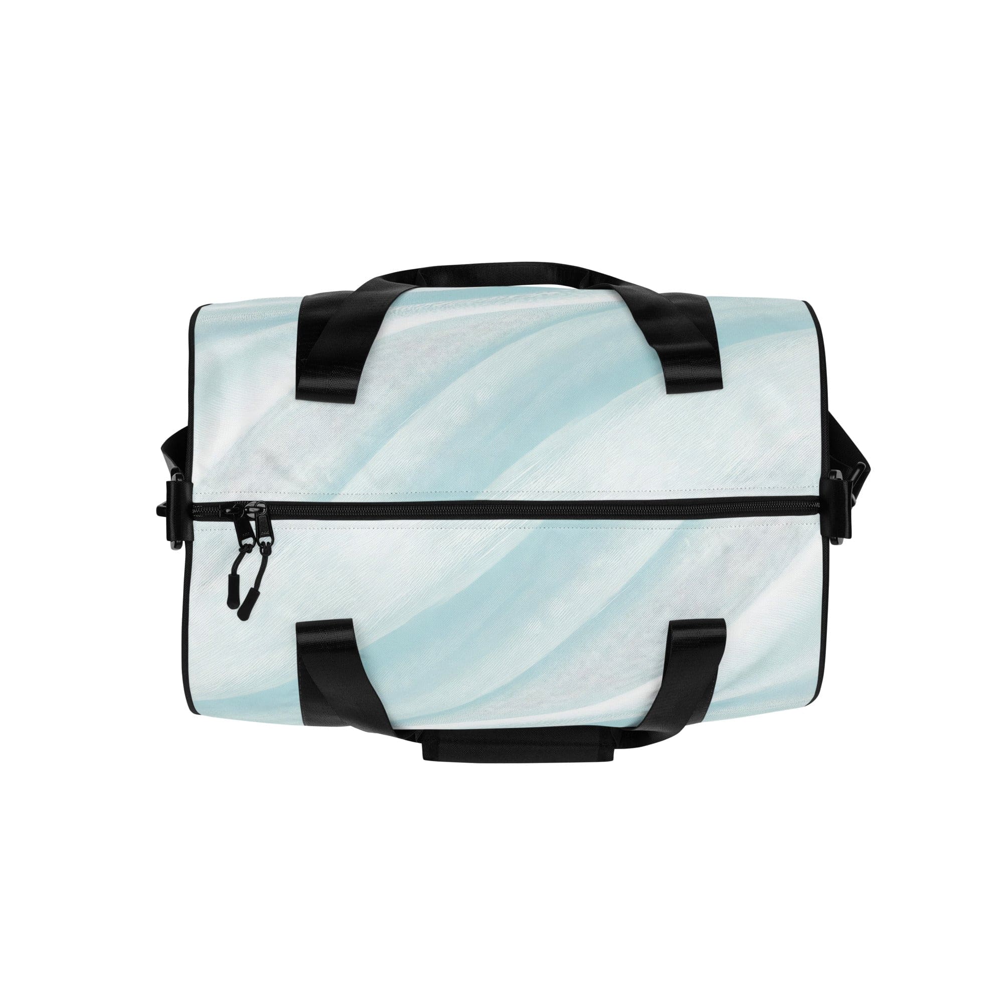 Crossbody water-resistant travel bag in pastel blue swirl, featuring dual padded handles and multiple pockets for organization.