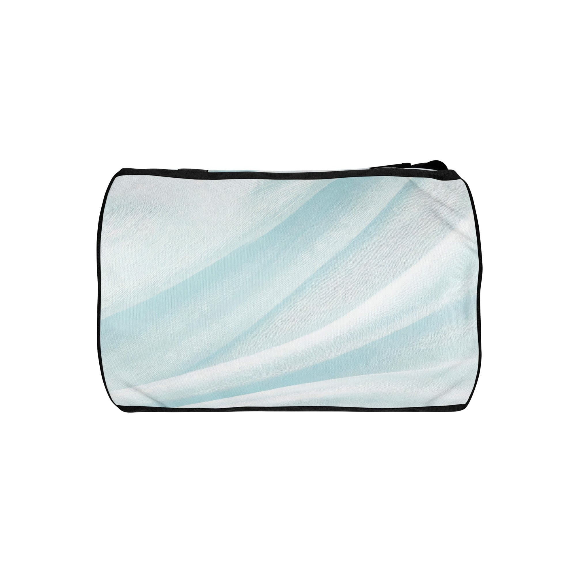 Crossbody water-resistant travel bag in pastel blue swirl, featuring dual padded handles and multiple pockets for organization.