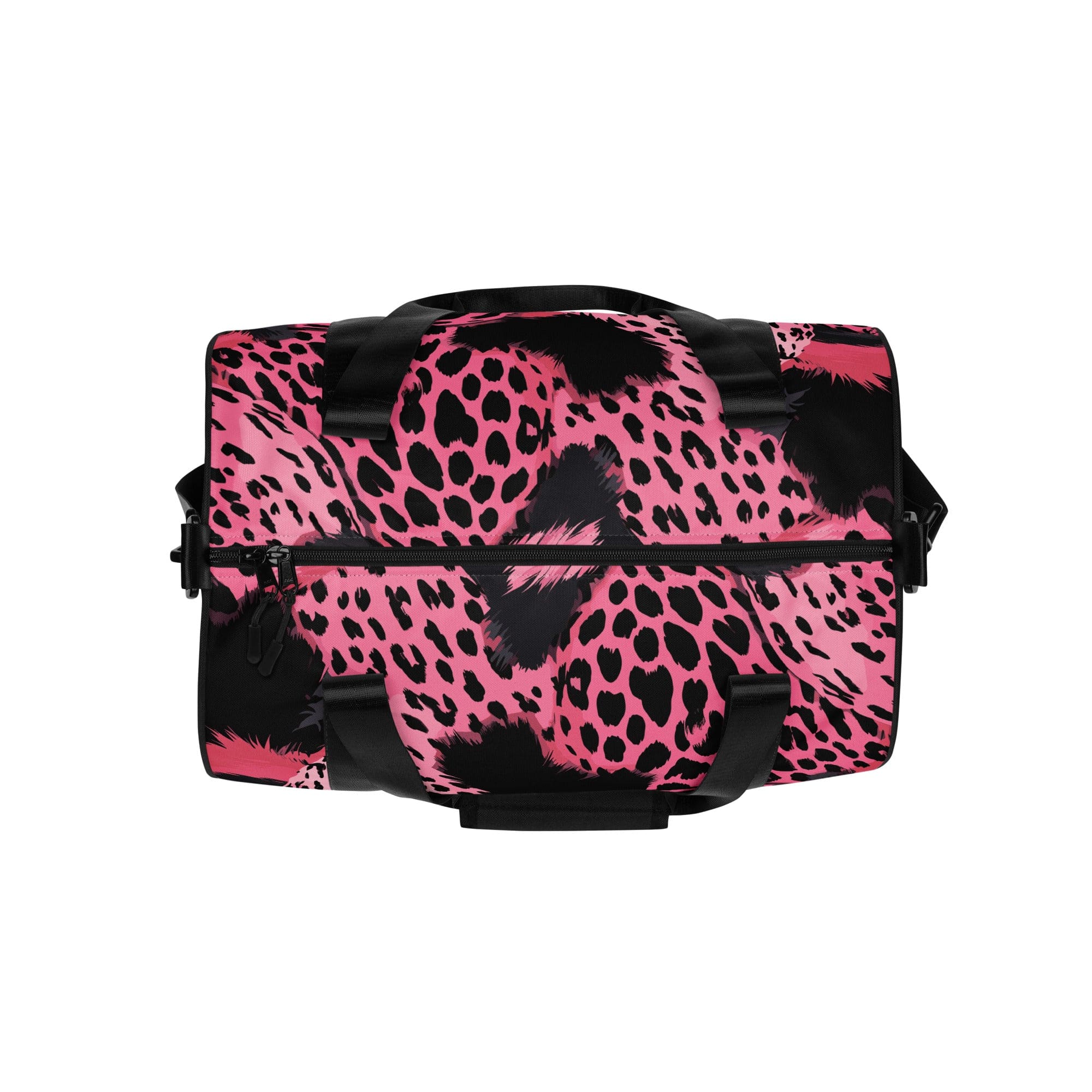 Crossbody water-resistant travel bag in pink and black spotted design, featuring dual padded handles and multiple pockets.