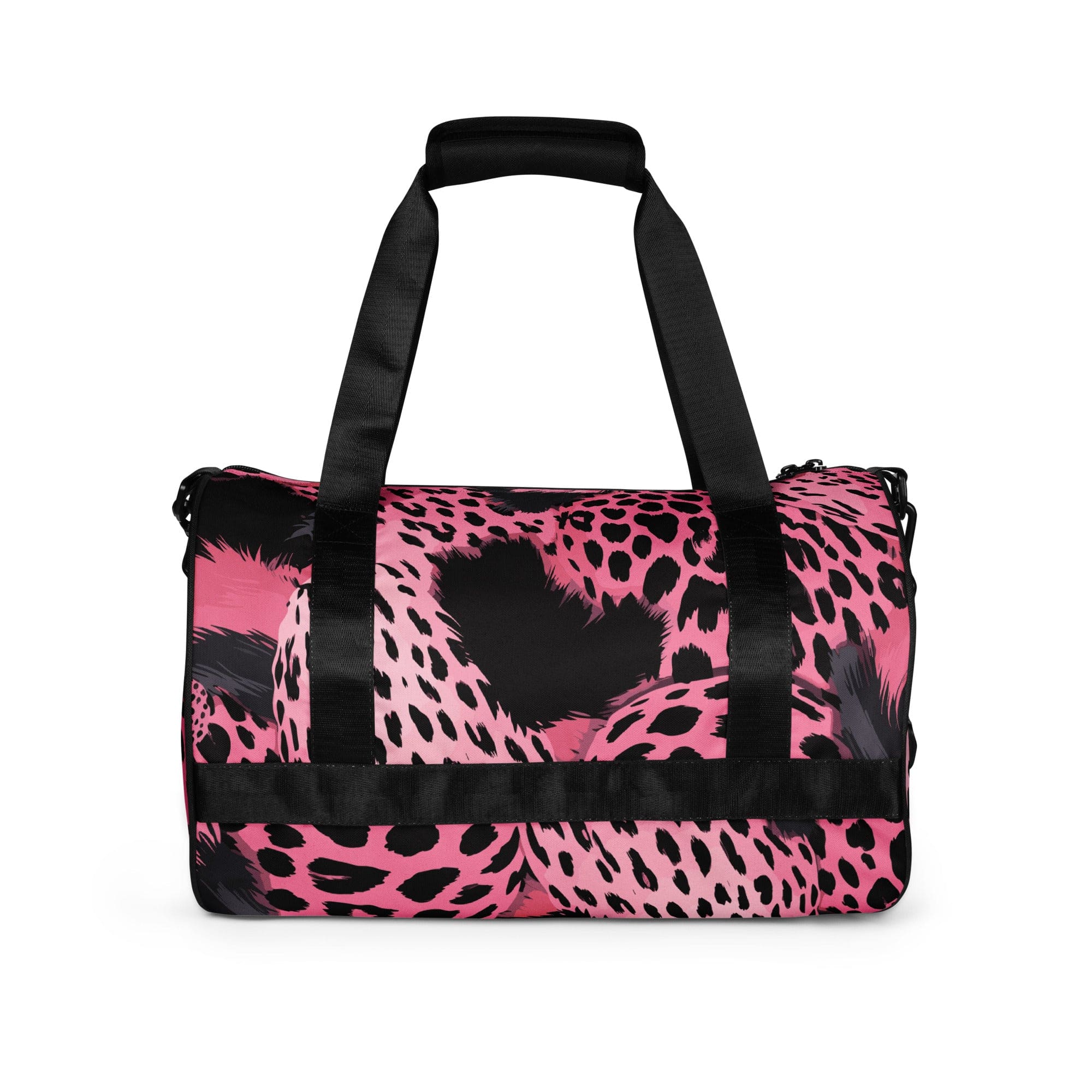 Crossbody water-resistant travel bag in pink and black spotted design, featuring dual padded handles and multiple pockets.