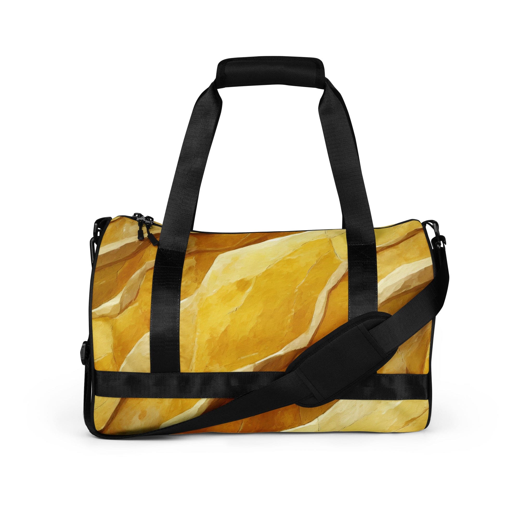 Crossbody water-resistant travel bag featuring a rustic yellow stone print, designed for durability and style with multiple pockets.