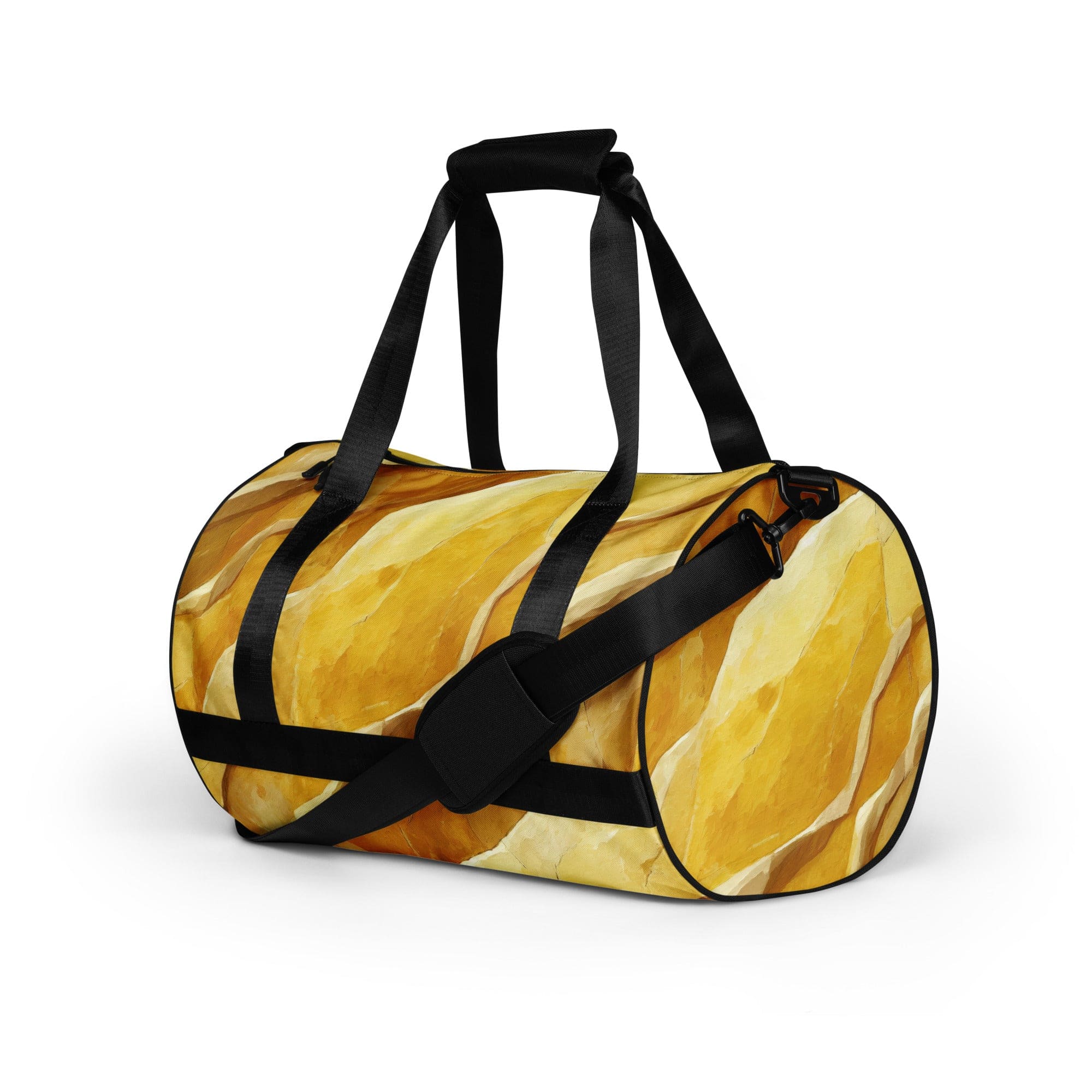 Crossbody water-resistant travel bag featuring a rustic yellow stone print, designed for durability and style with multiple pockets.