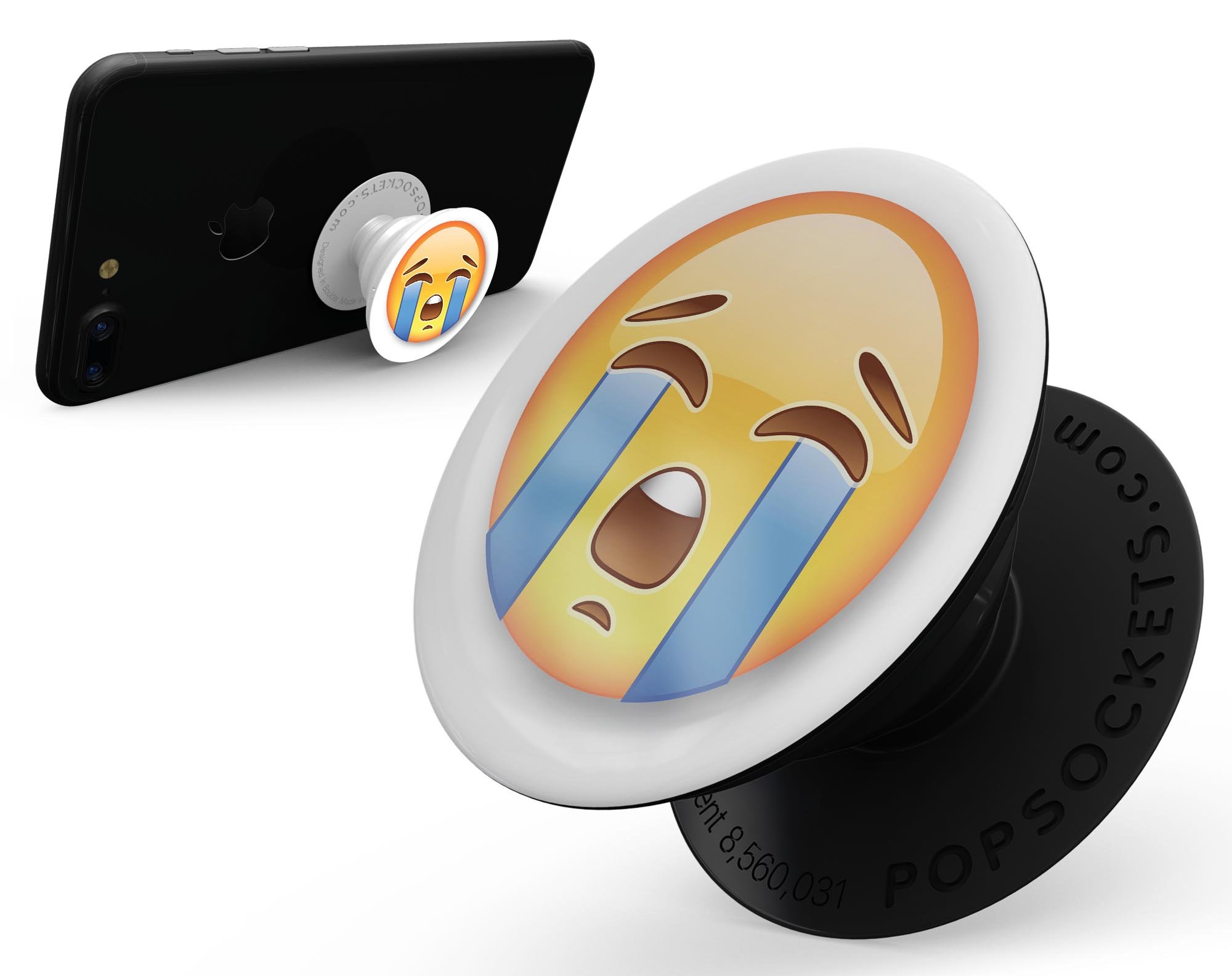 Cry Emoticon Emoji Skin Kit for PopSockets, featuring a vibrant emoticon design on a durable vinyl material.