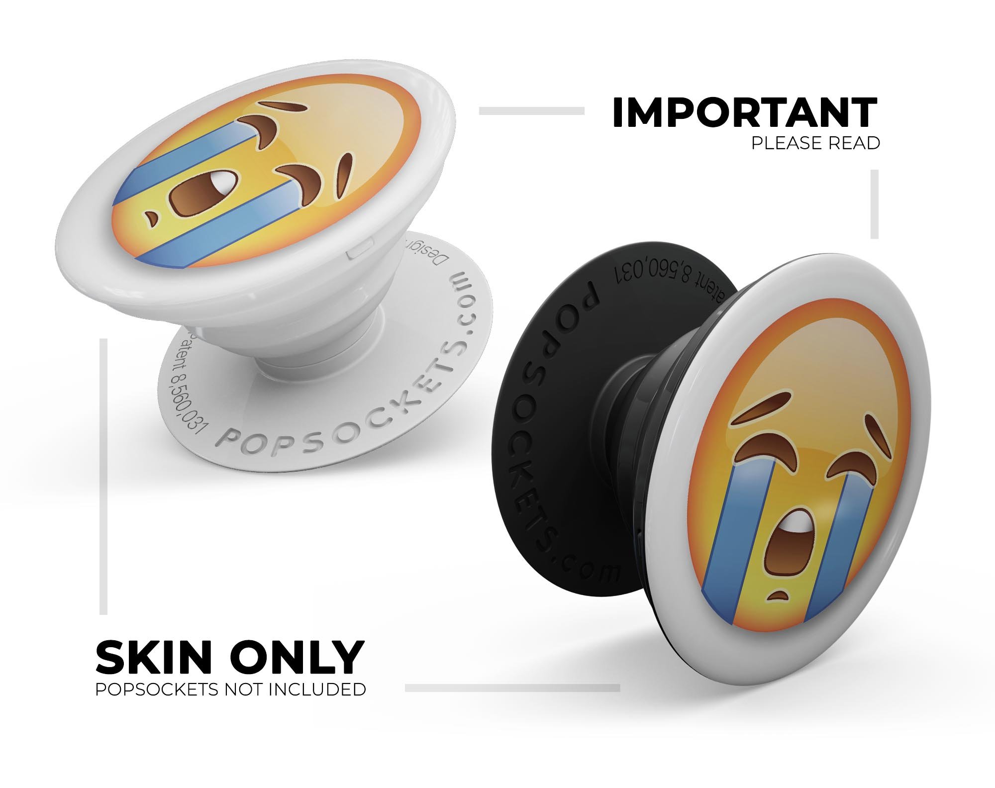 Cry Emoticon Emoji Skin Kit for PopSockets, featuring a vibrant emoticon design on a durable vinyl material.