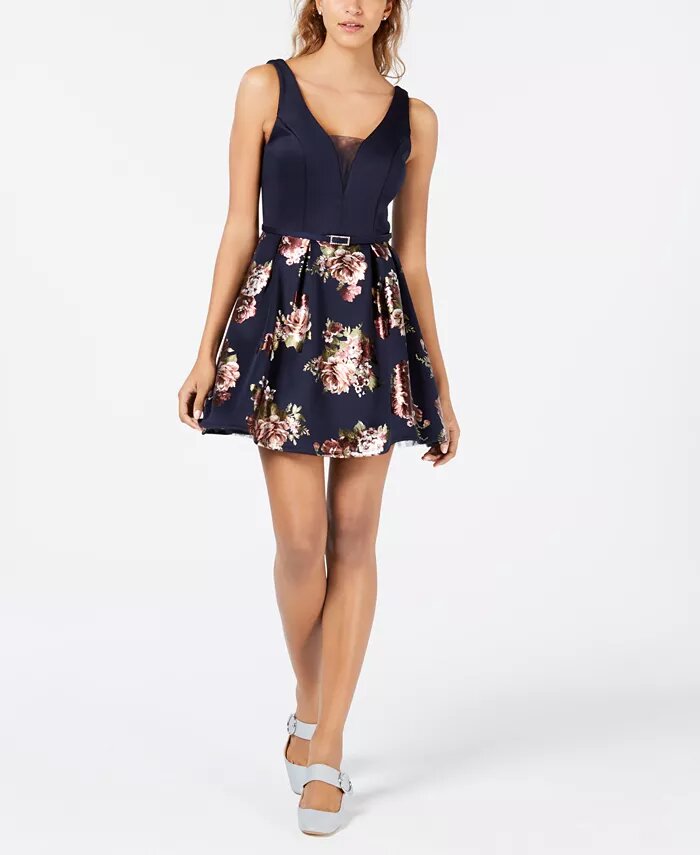 Crystal Doll Juniors' Foil-Print Fit & Flare Dress featuring floral design, V-neckline, and rhinestone embellished belt.