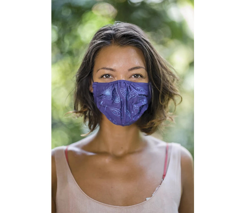 A stylish Crystal Face Mask handmade in Bali, featuring Selenite-infused ink with magical symbols, available in multiple colors.