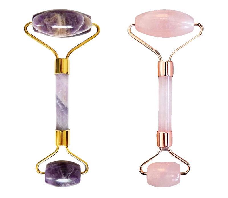 A beautiful Crystal Facial Roller made of Amethyst and Rose Quartz, designed for skincare and relaxation.